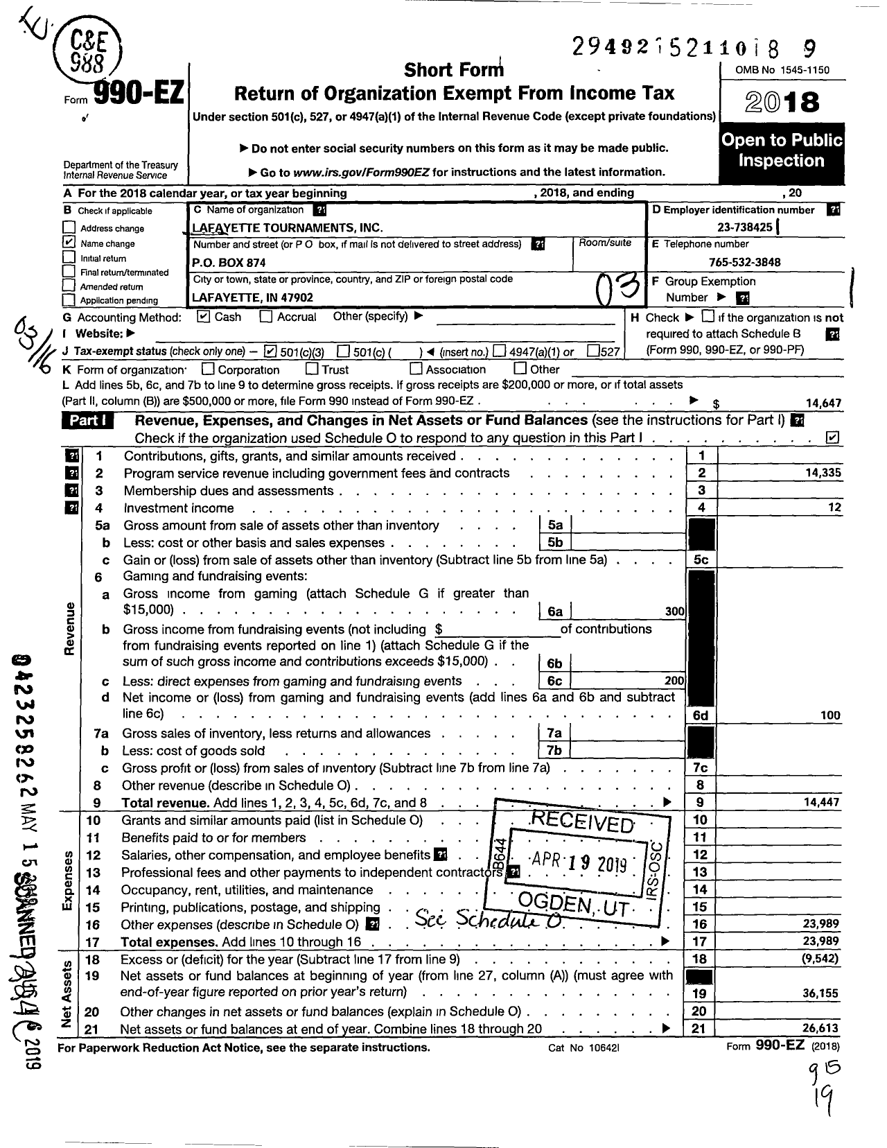 Image of first page of 2018 Form 990EZ for Lafayette Tournaments