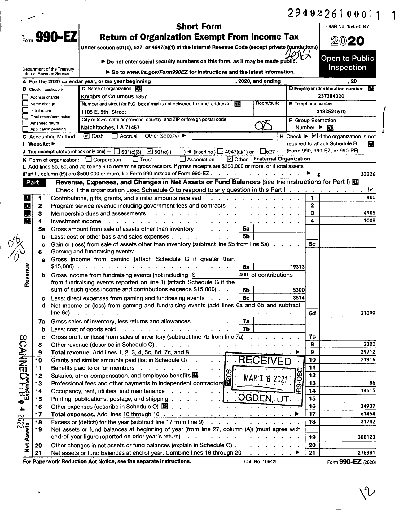 Image of first page of 2020 Form 990EO for Knights of Columbus - 1357 Natchitoches Council