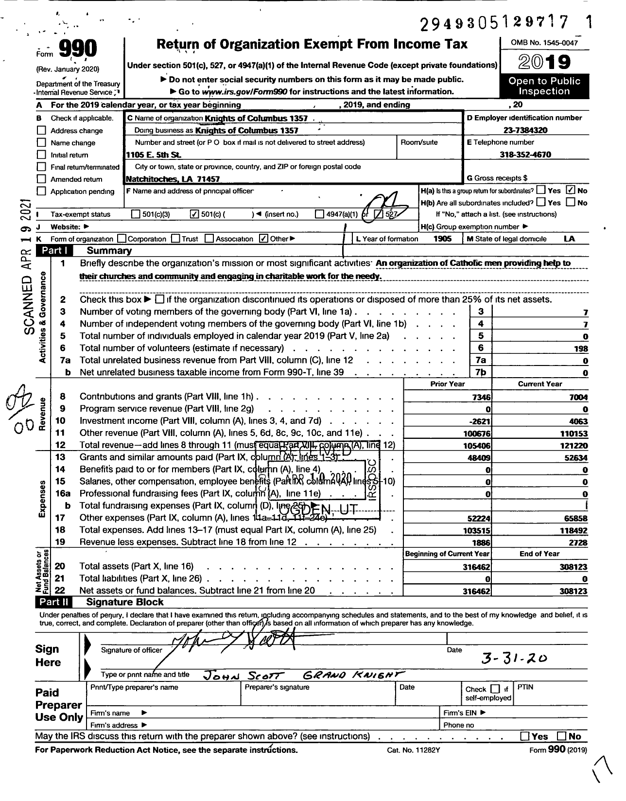 Image of first page of 2019 Form 990O for Knights of Columbus - 1357 Natchitoches Council