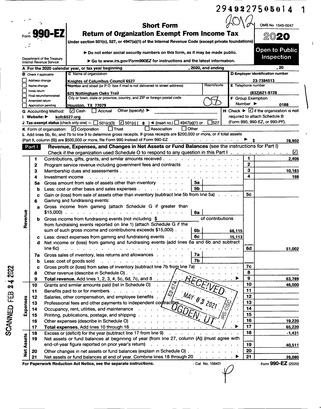 Image of first page of 2020 Form 990EO for Knights of Columbus - 6527 Memorial Council