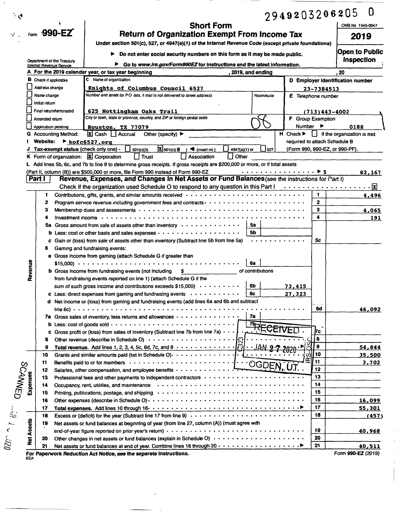 Image of first page of 2019 Form 990EO for Knights of Columbus - 6527 Memorial Council