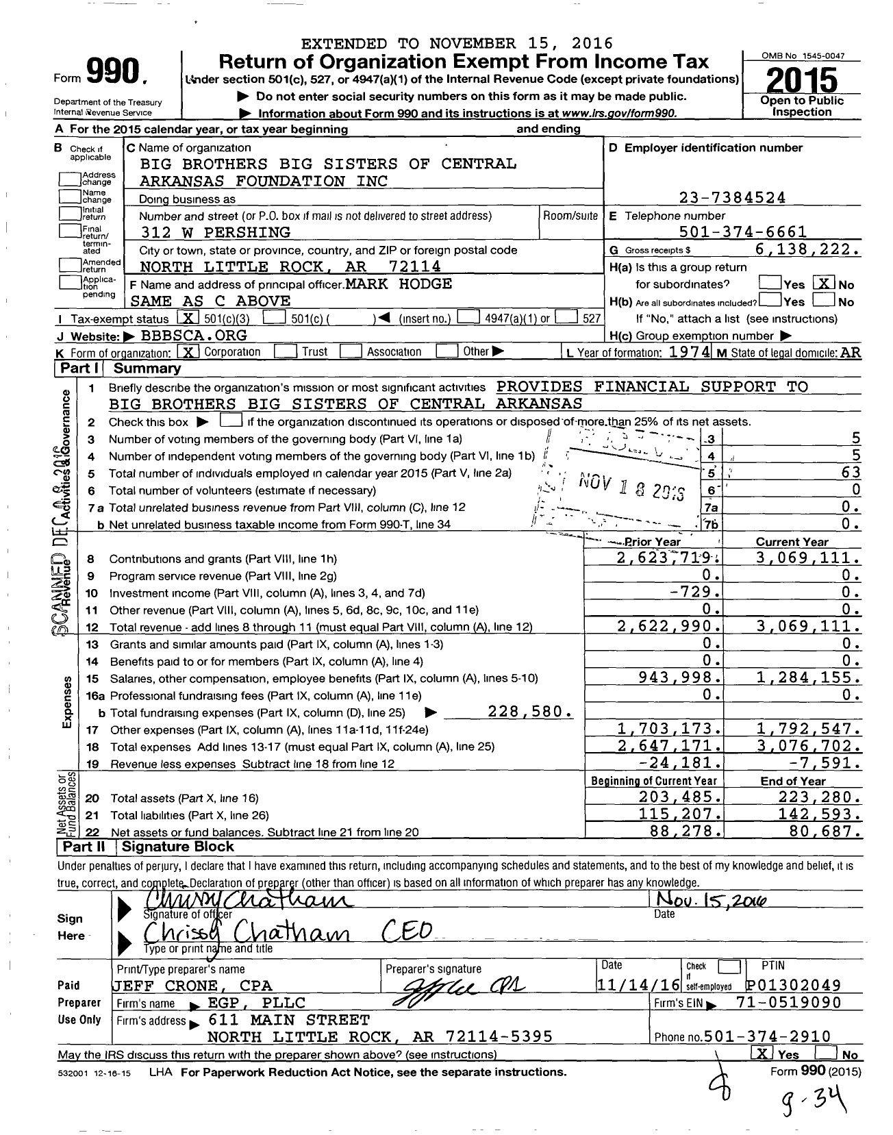 Image of first page of 2015 Form 990 for Big Brothers Big Sisters of Central Arkansas Foundation