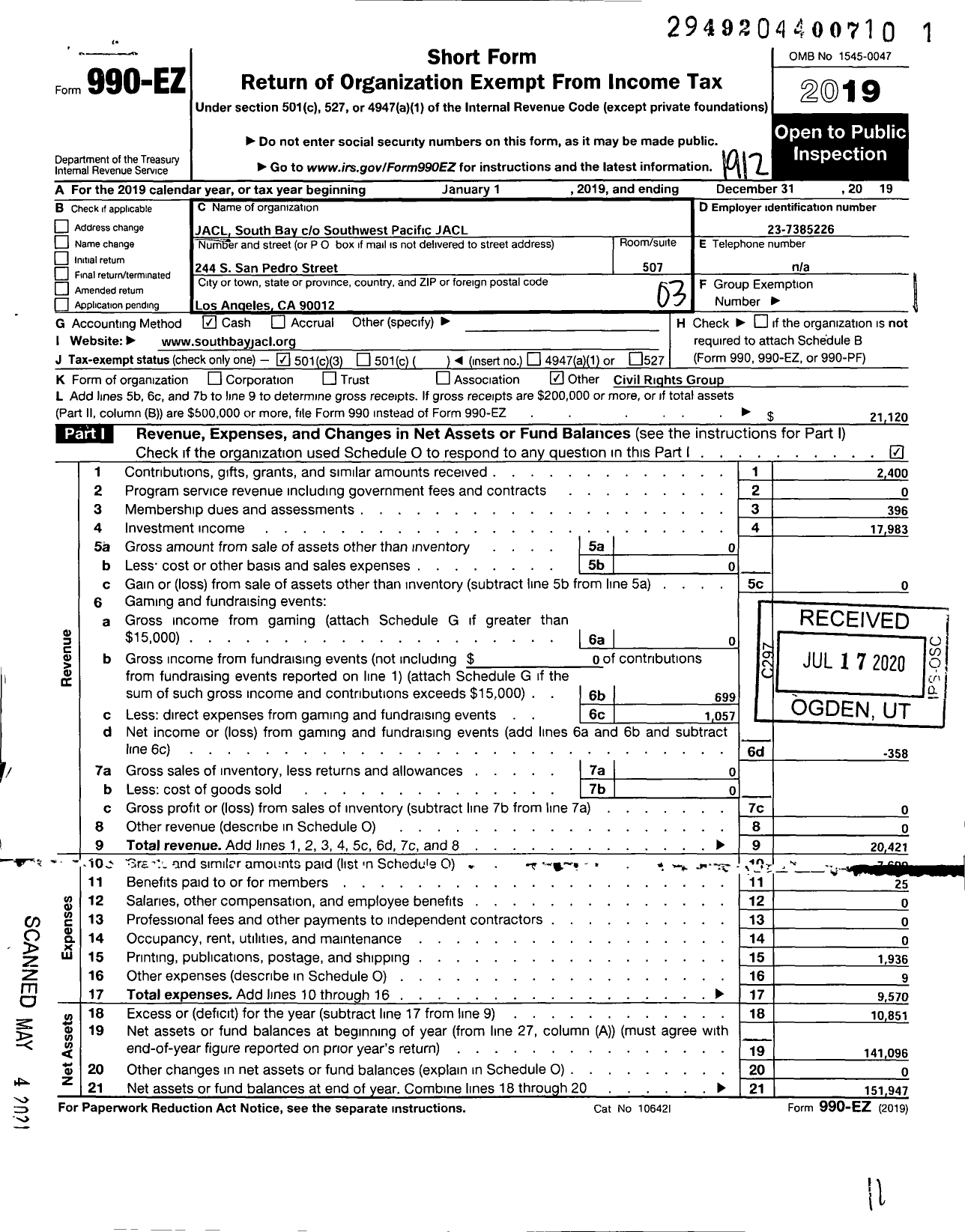 Image of first page of 2019 Form 990EZ for Japanese American Citizens League / South Bay Chapter