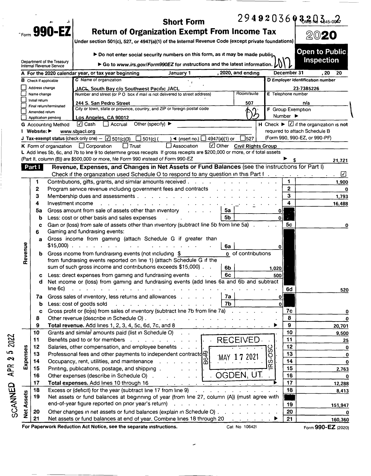 Image of first page of 2020 Form 990EZ for Japanese American Citizens League / South Bay Chapter