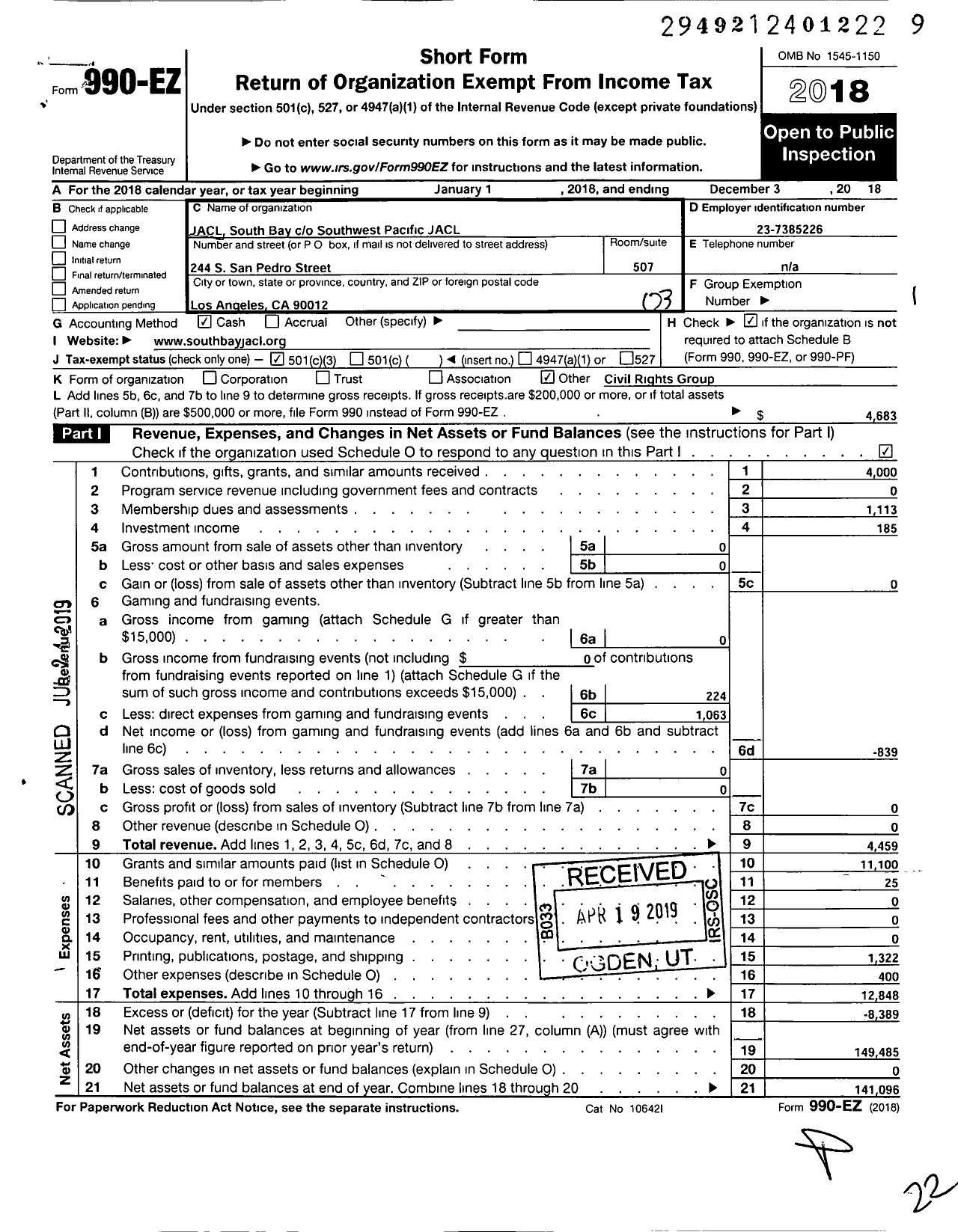 Image of first page of 2018 Form 990EZ for Japanese American Citizens League / South Bay Chapter