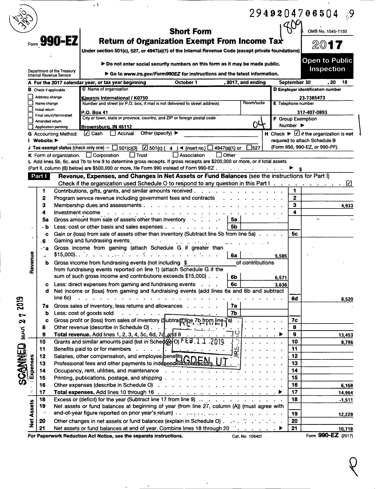 Image of first page of 2017 Form 990EO for Kiwanis International - K07570 Brownsburg