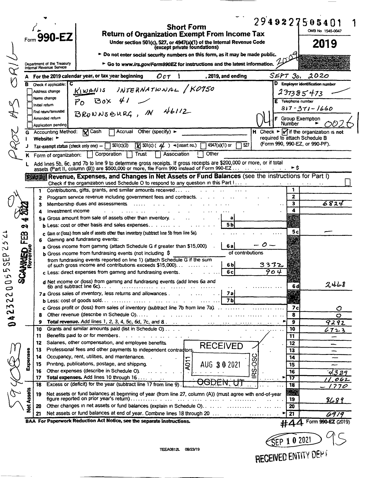 Image of first page of 2019 Form 990EO for Kiwanis International - K07570 Brownsburg