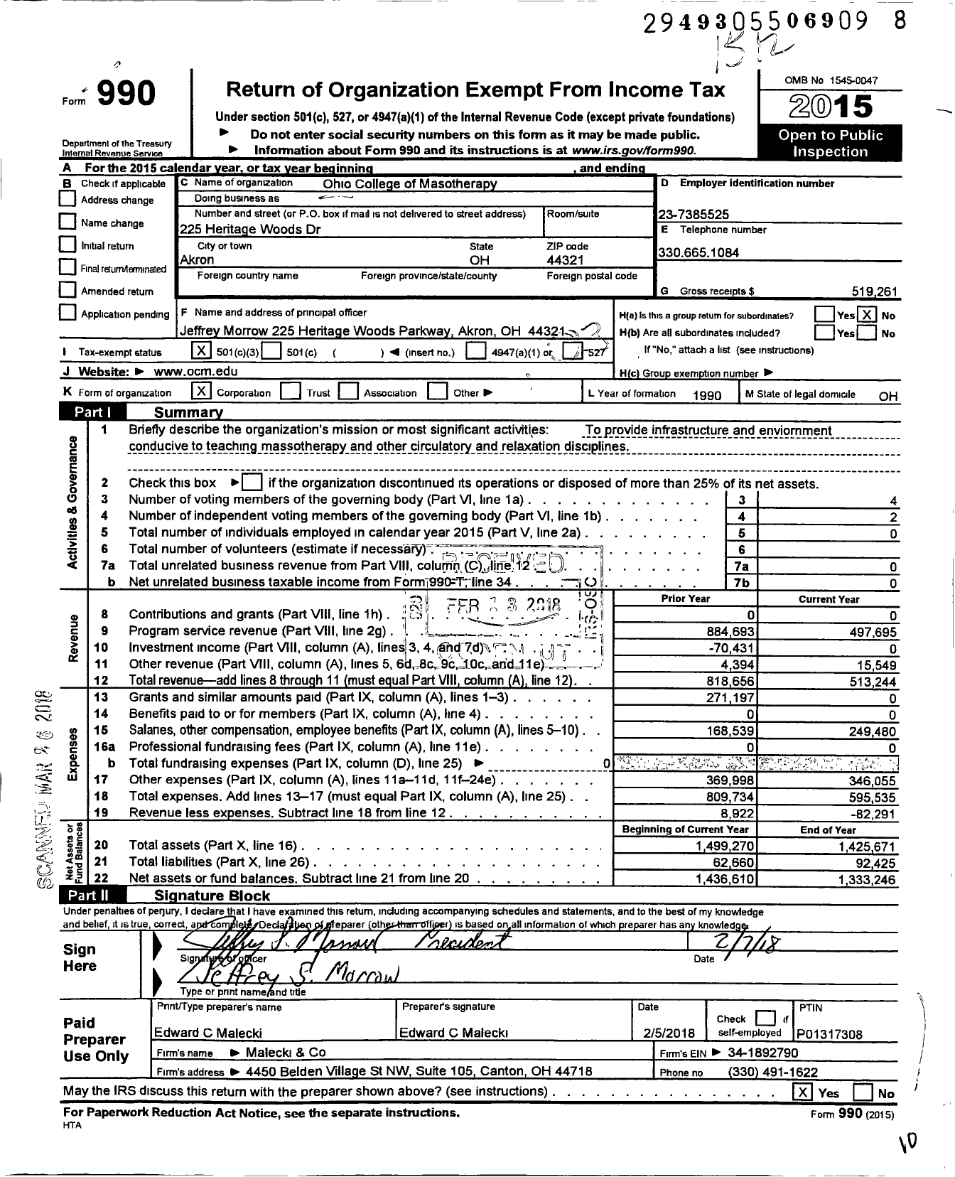 Image of first page of 2015 Form 990 for Ohio College of Massotherapy