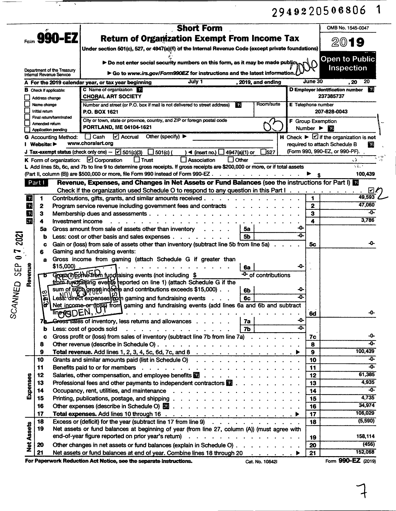 Image of first page of 2019 Form 990EZ for Choral Art Society