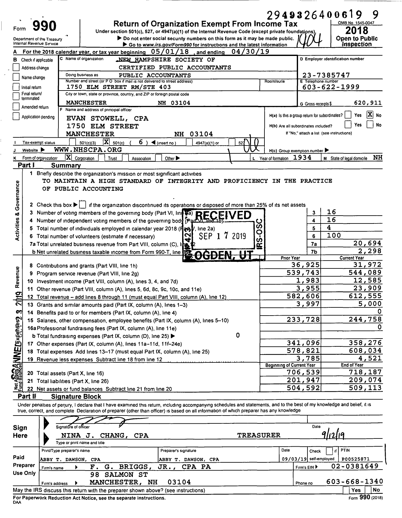 Image of first page of 2018 Form 990O for New Hampshire Society of Certified Public Accountants