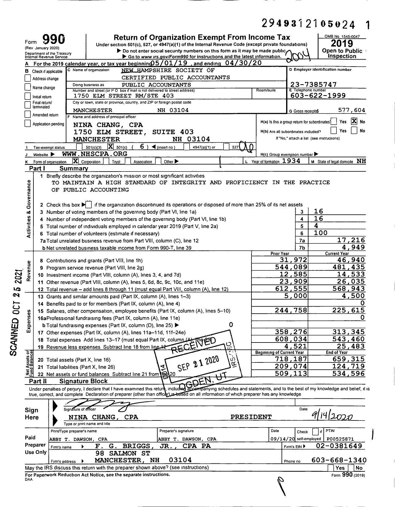 Image of first page of 2019 Form 990O for New Hampshire Society of Certified Public Accountants