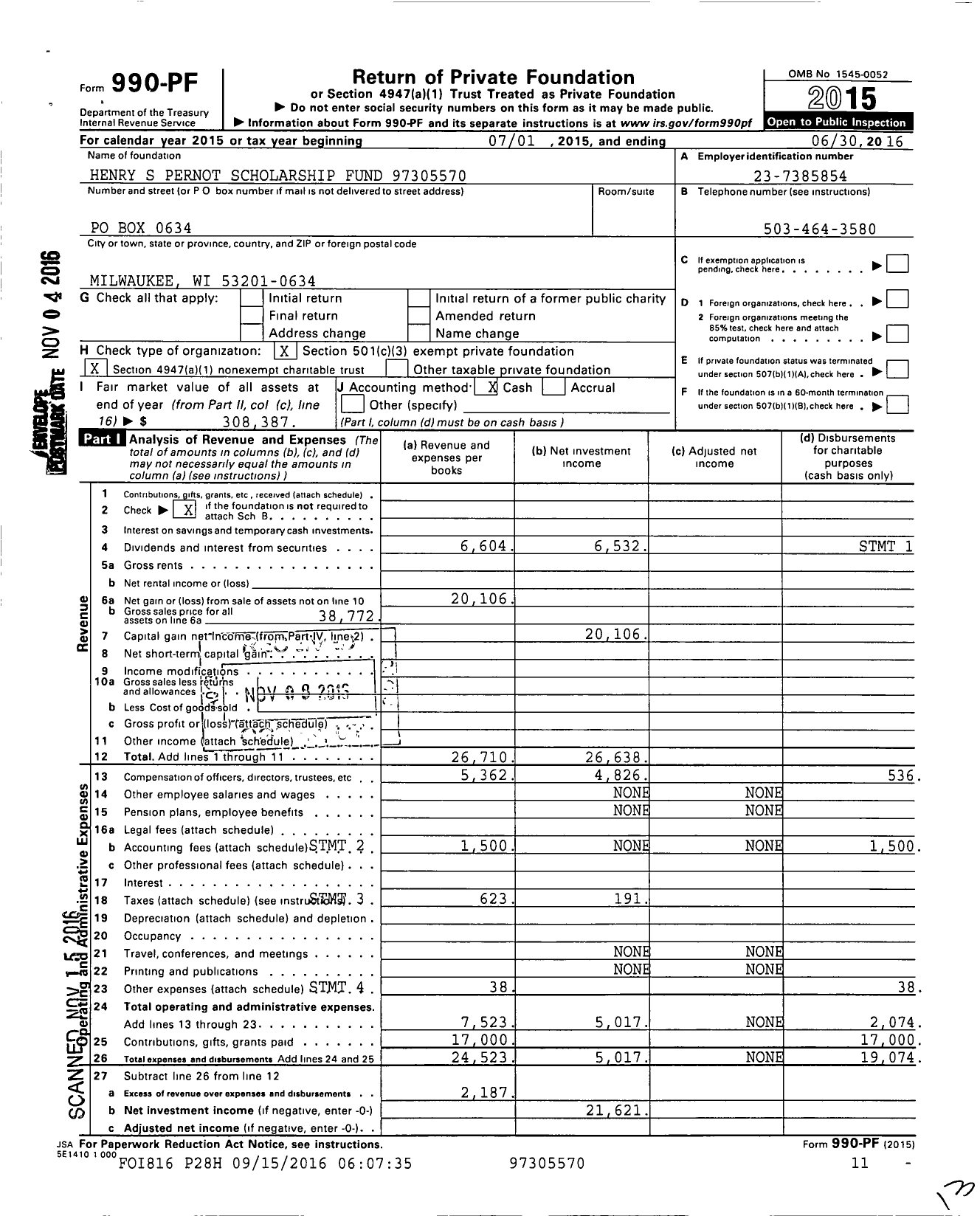 Image of first page of 2015 Form 990PF for Henry S Pernot Scholarship Fund