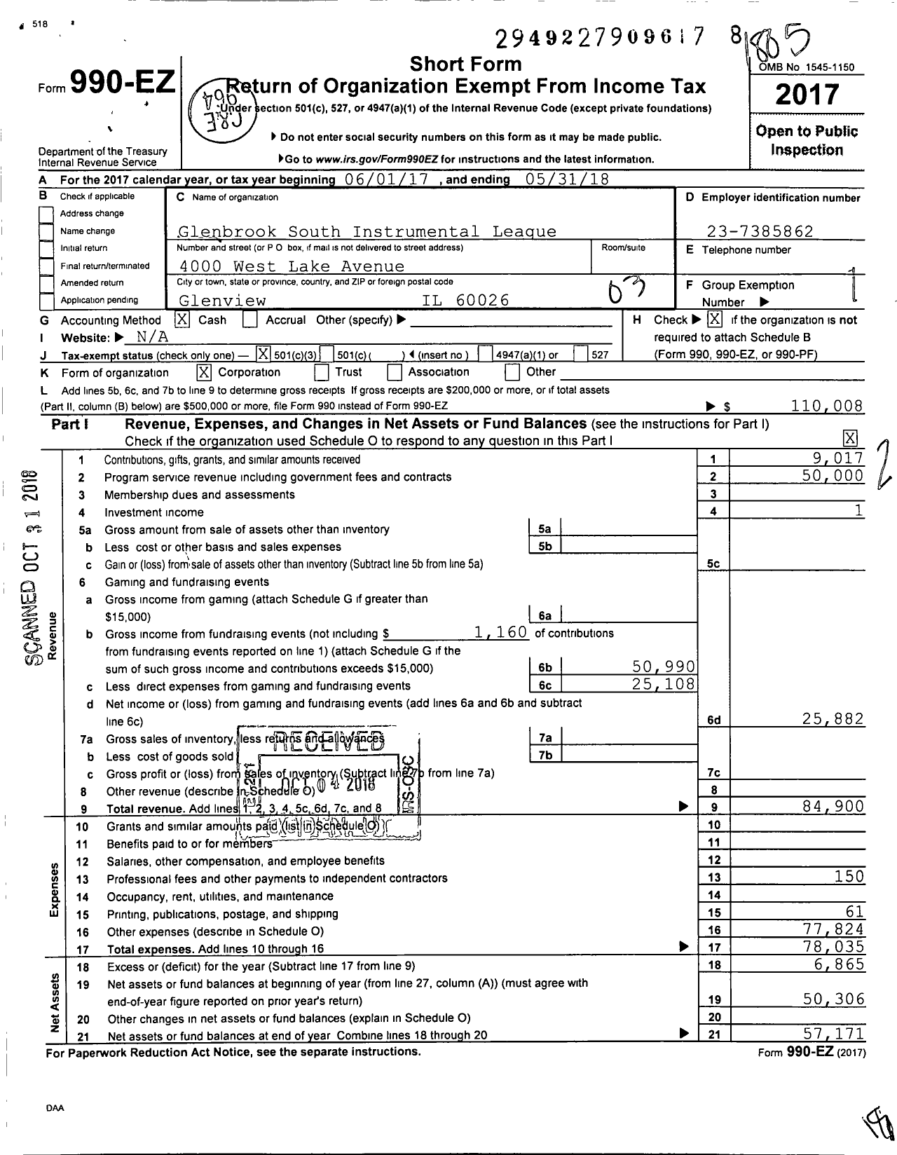 Image of first page of 2017 Form 990EZ for Glenbrook South Instrumental League