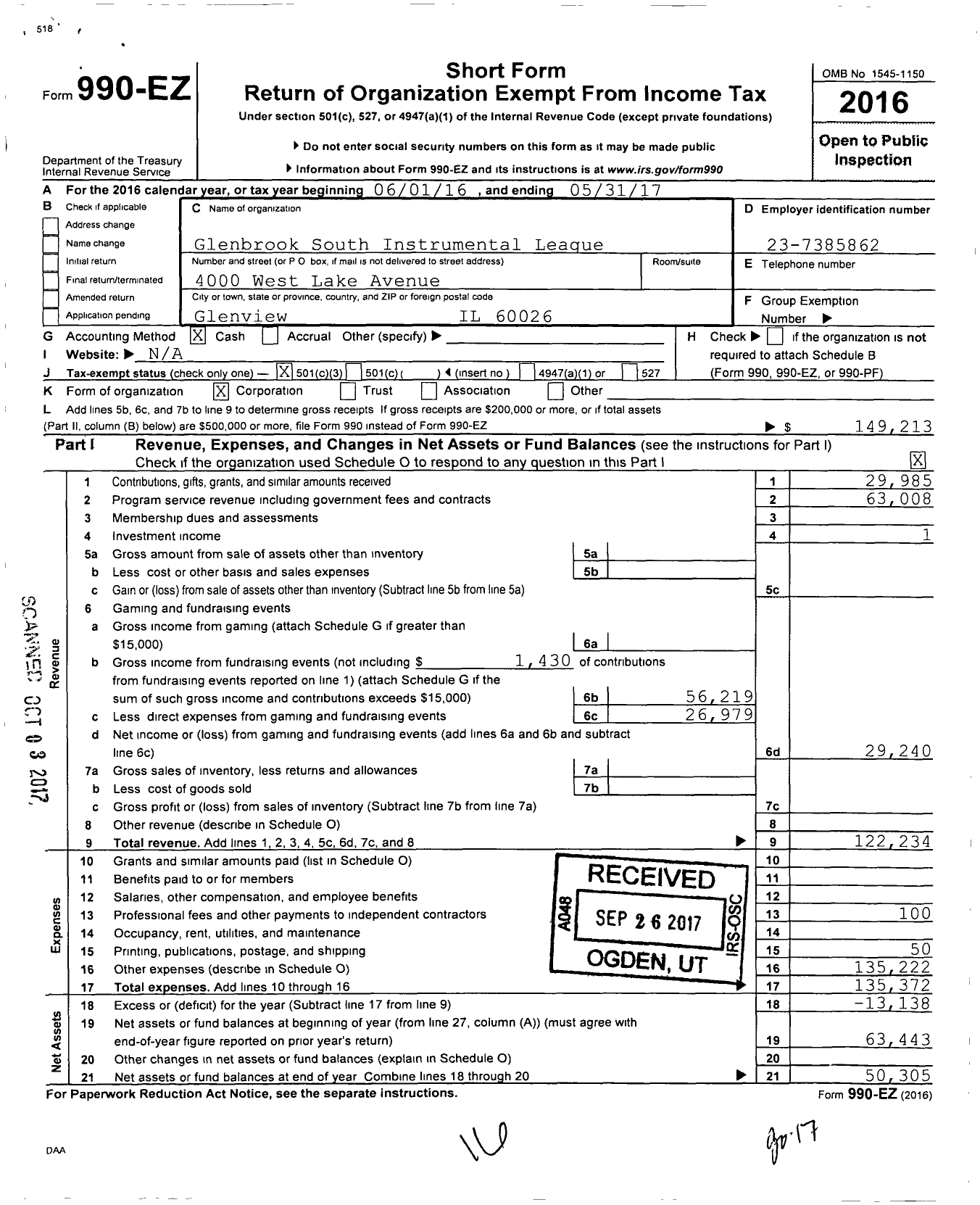 Image of first page of 2016 Form 990EZ for Glenbrook South Instrumental League