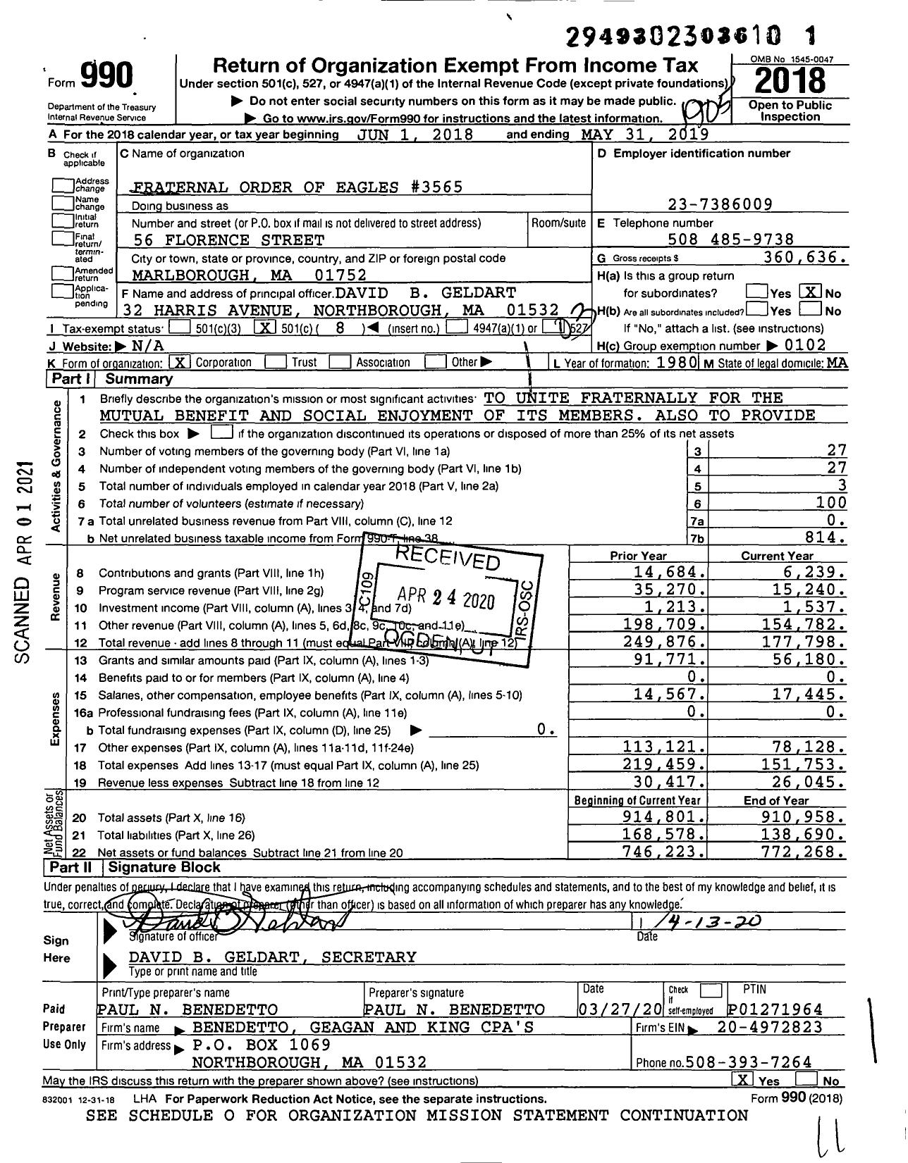 Image of first page of 2018 Form 990 for Fraternal Order of Eagles - 3565 Aerie