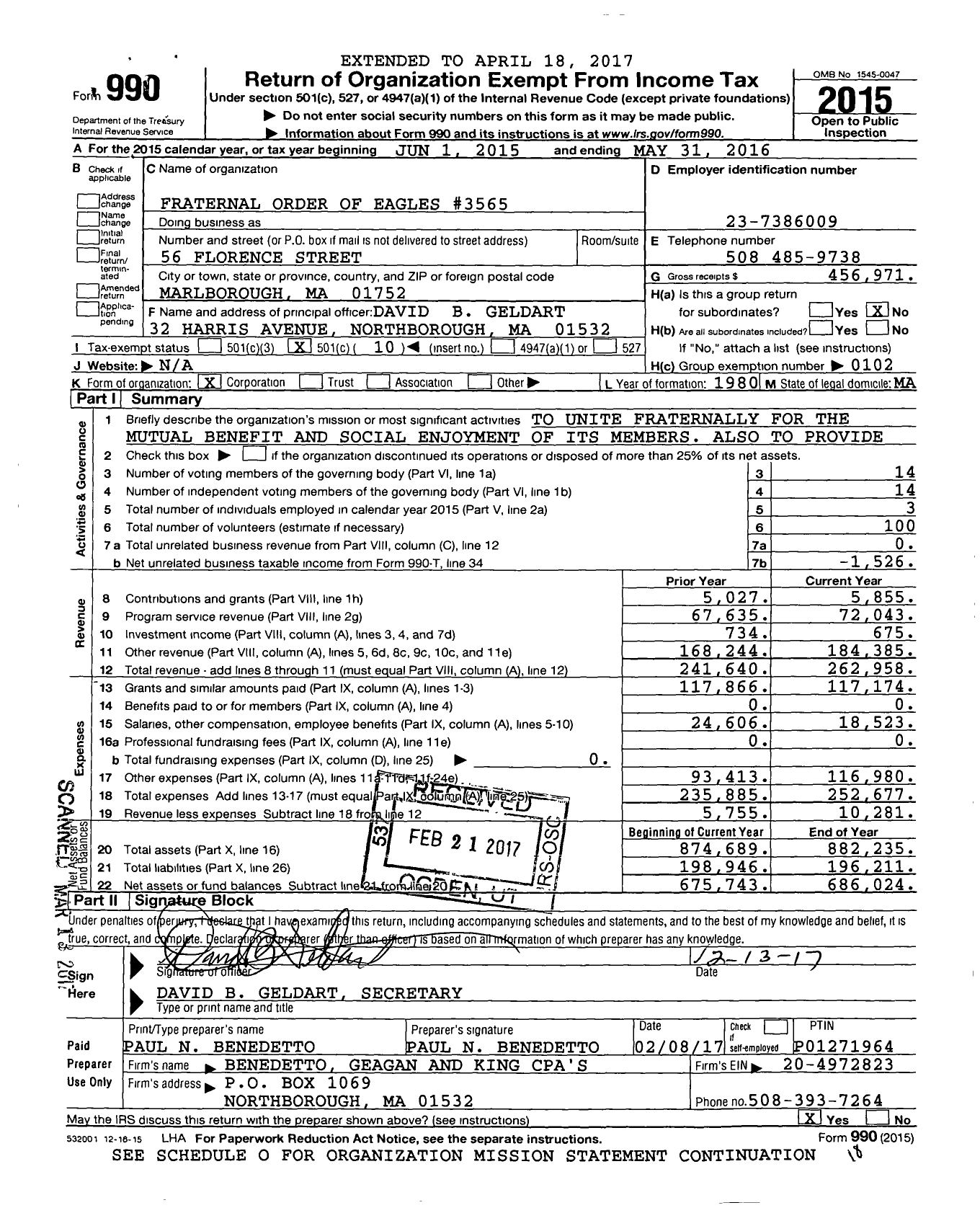 Image of first page of 2015 Form 990O for Fraternal Order of Eagles - 3565 Aerie