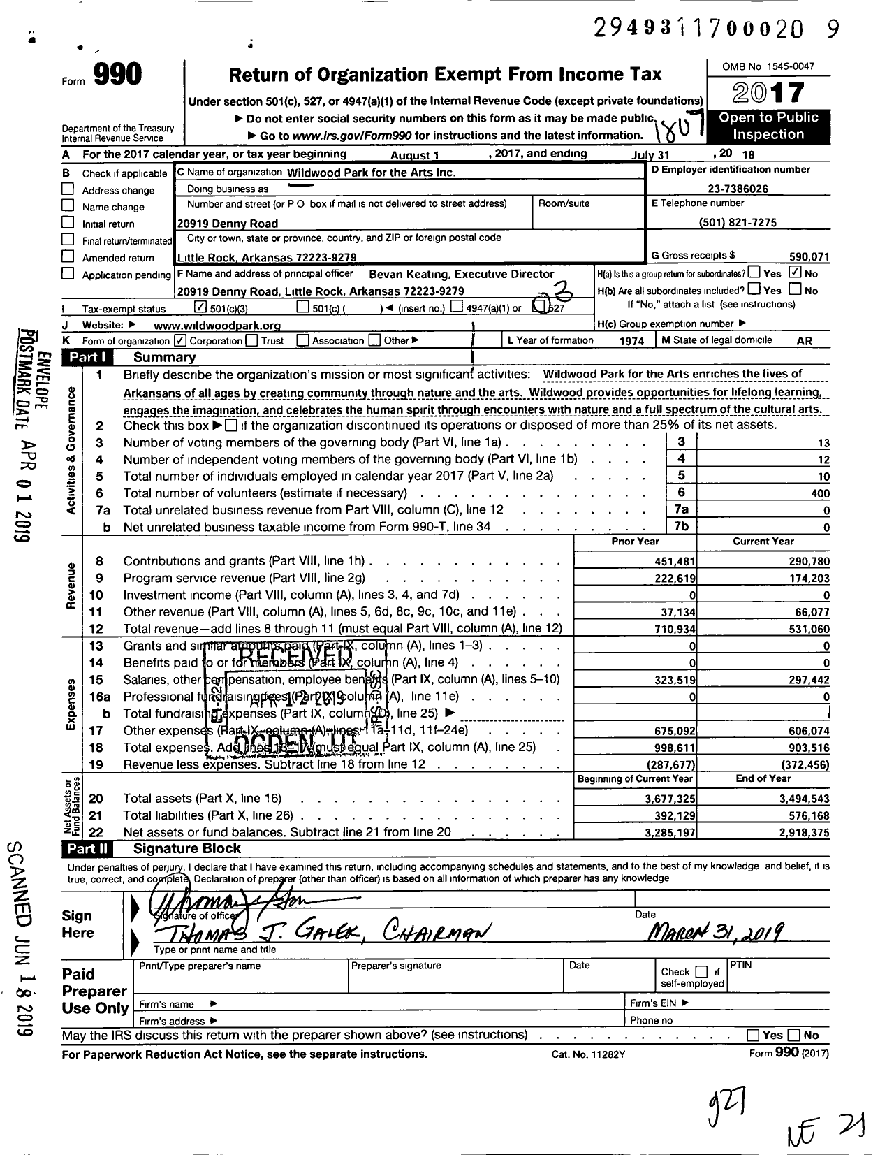 Image of first page of 2017 Form 990 for Wildwood Park for the Performing Arts