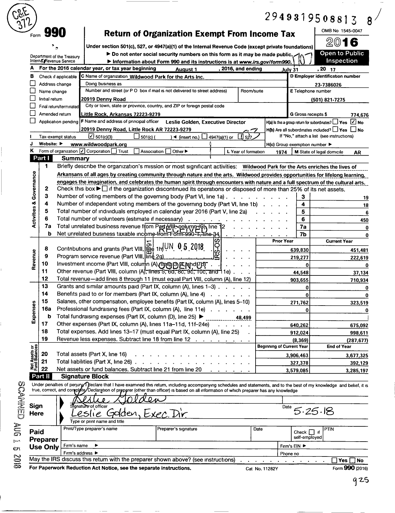 Image of first page of 2016 Form 990 for Wildwood Park for the Performing Arts