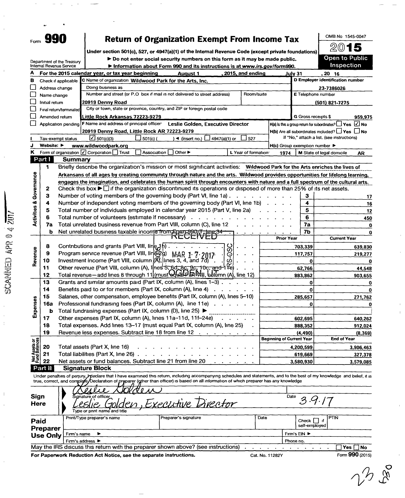 Image of first page of 2015 Form 990 for Wildwood Park for the Performing Arts