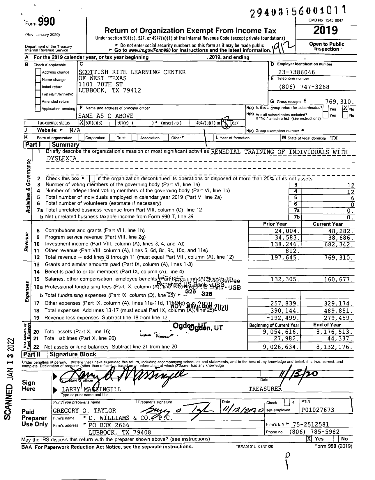 Image of first page of 2019 Form 990 for The Scottish Rite Learning Center of West Texas