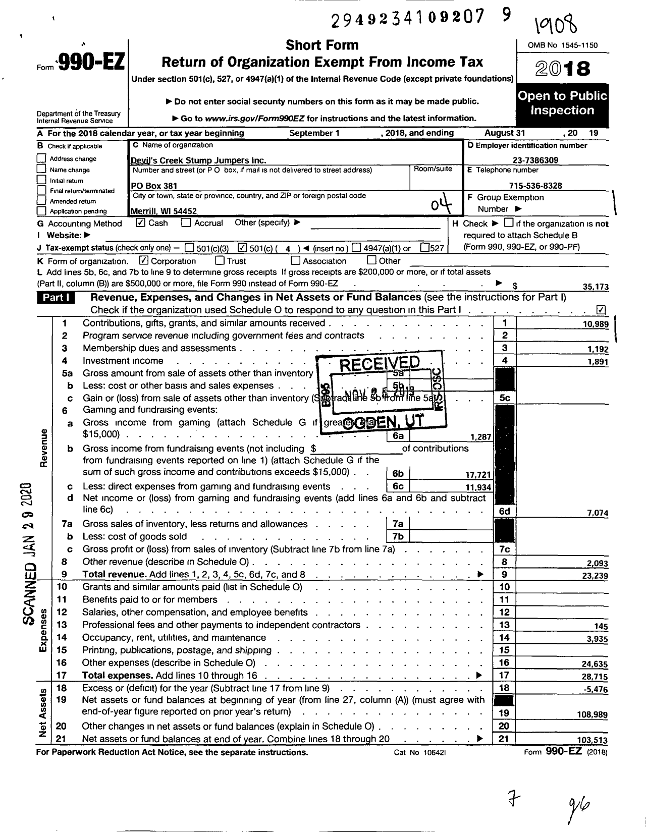 Image of first page of 2018 Form 990EO for Devils Creek Stump Jumpers