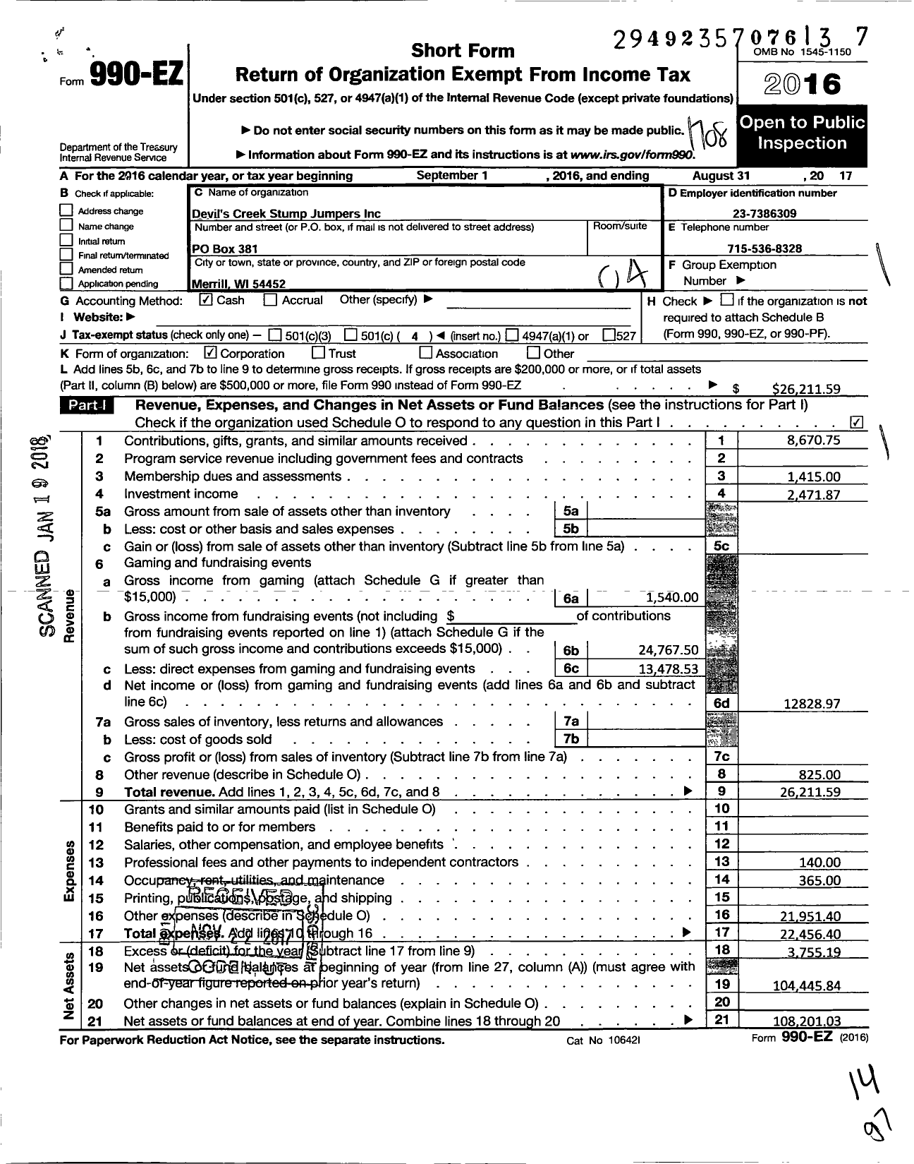 Image of first page of 2016 Form 990EO for Devils Creek Stump Jumpers