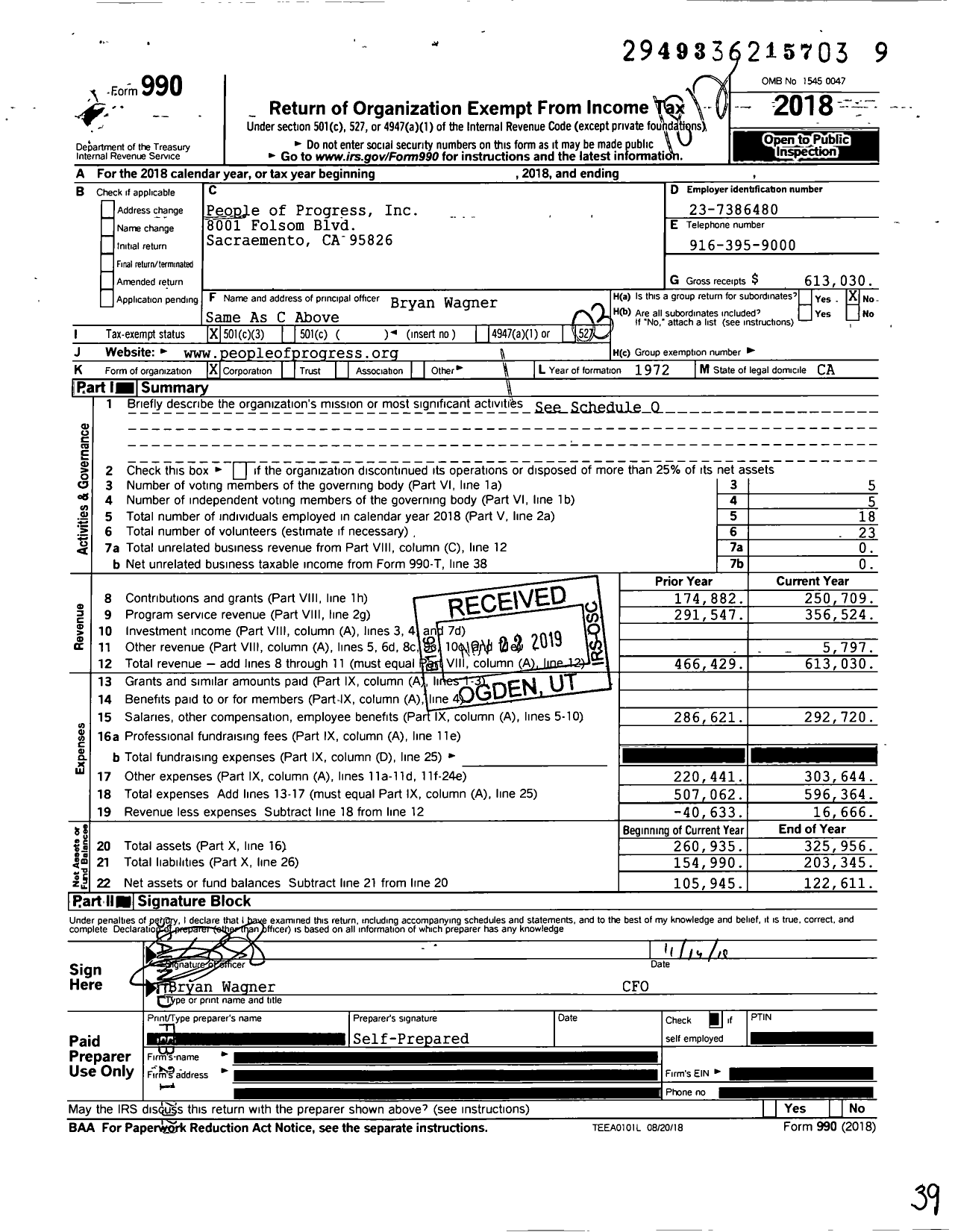 Image of first page of 2018 Form 990 for People of Progress