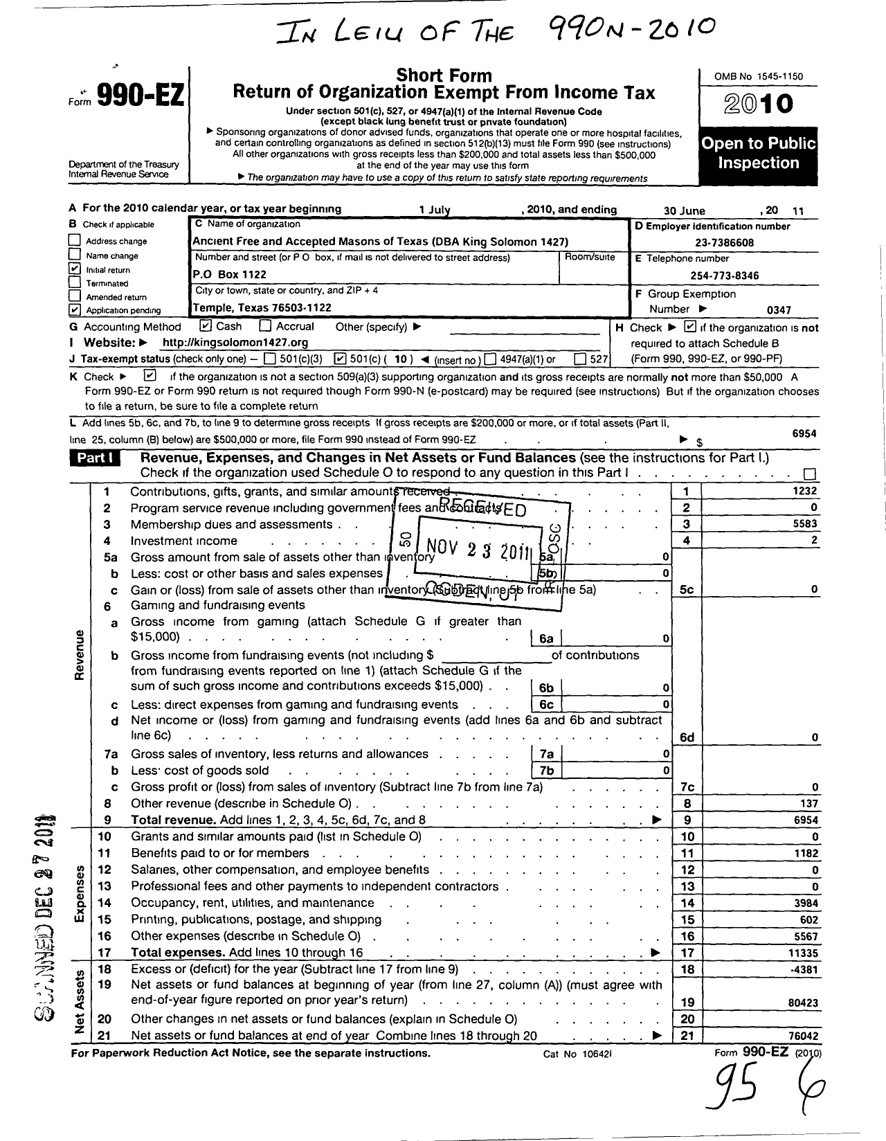 Image of first page of 2010 Form 990EO for Ancient Free and Accepted Masons of Texas / King Solomon 1427