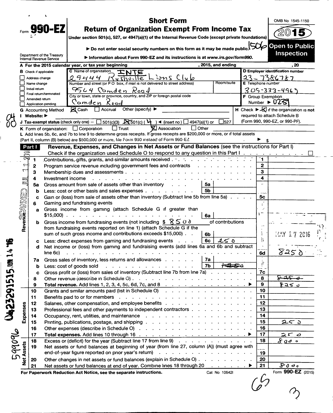 Image of first page of 2014 Form 990EO for Lions Clubs - 29444 Rushville