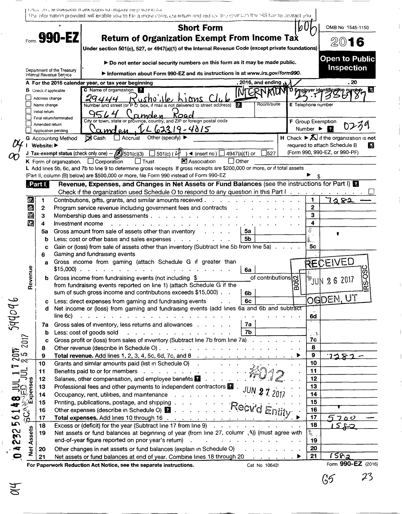 Image of first page of 2015 Form 990EO for Lions Clubs - 29444 Rushville