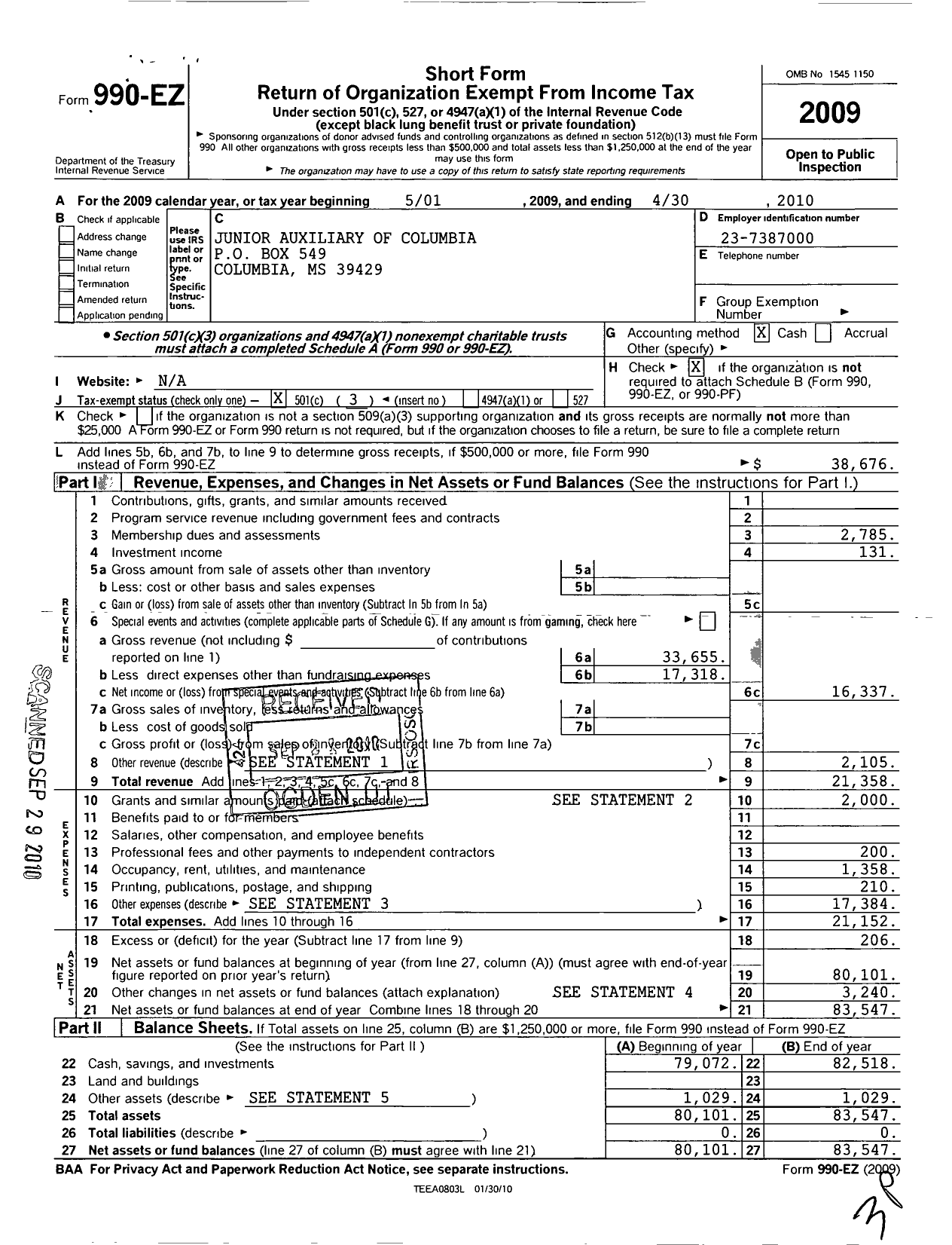 Image of first page of 2009 Form 990EZ for Junior Auxiliary of Columbia Mississippi