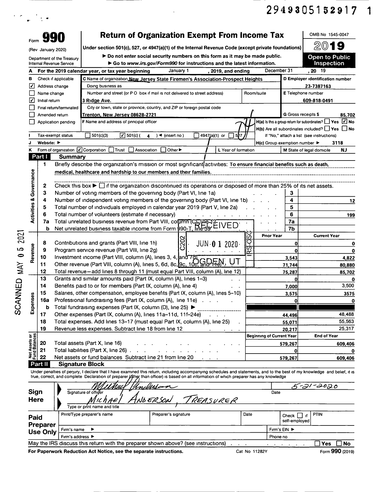 Image of first page of 2019 Form 990O for NEW JERSEY STATE Firemen's ASSOCIATION - Prospect Heights