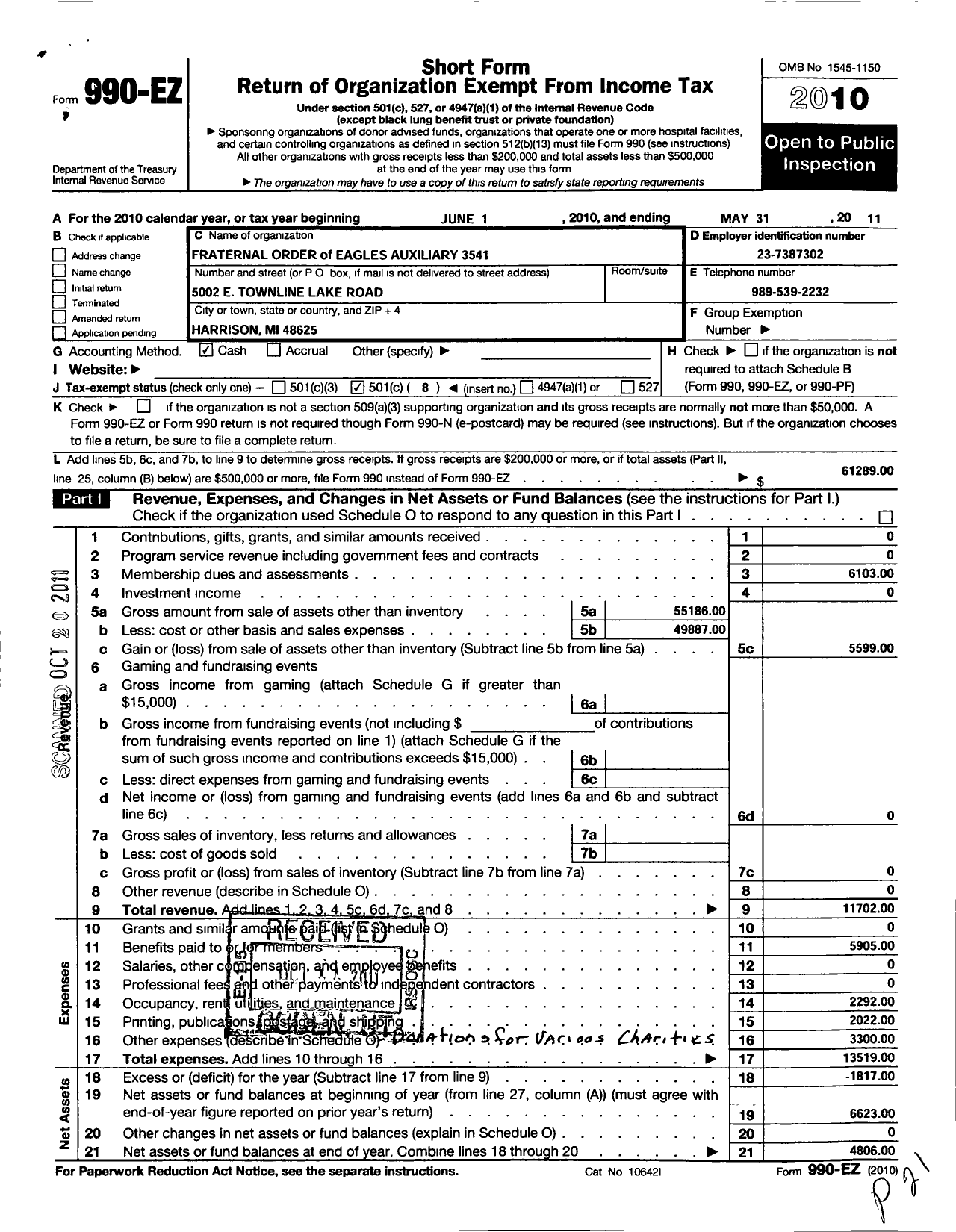 Image of first page of 2010 Form 990EO for Fraternal Order of Eagles - 3541 Aux