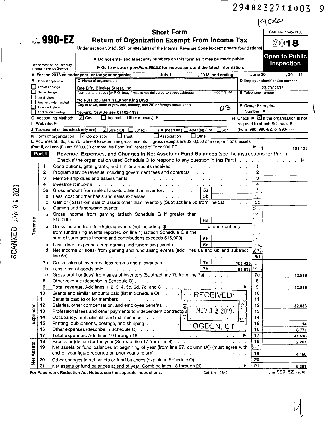 Image of first page of 2018 Form 990EZ for One Fifty Bleeker Street