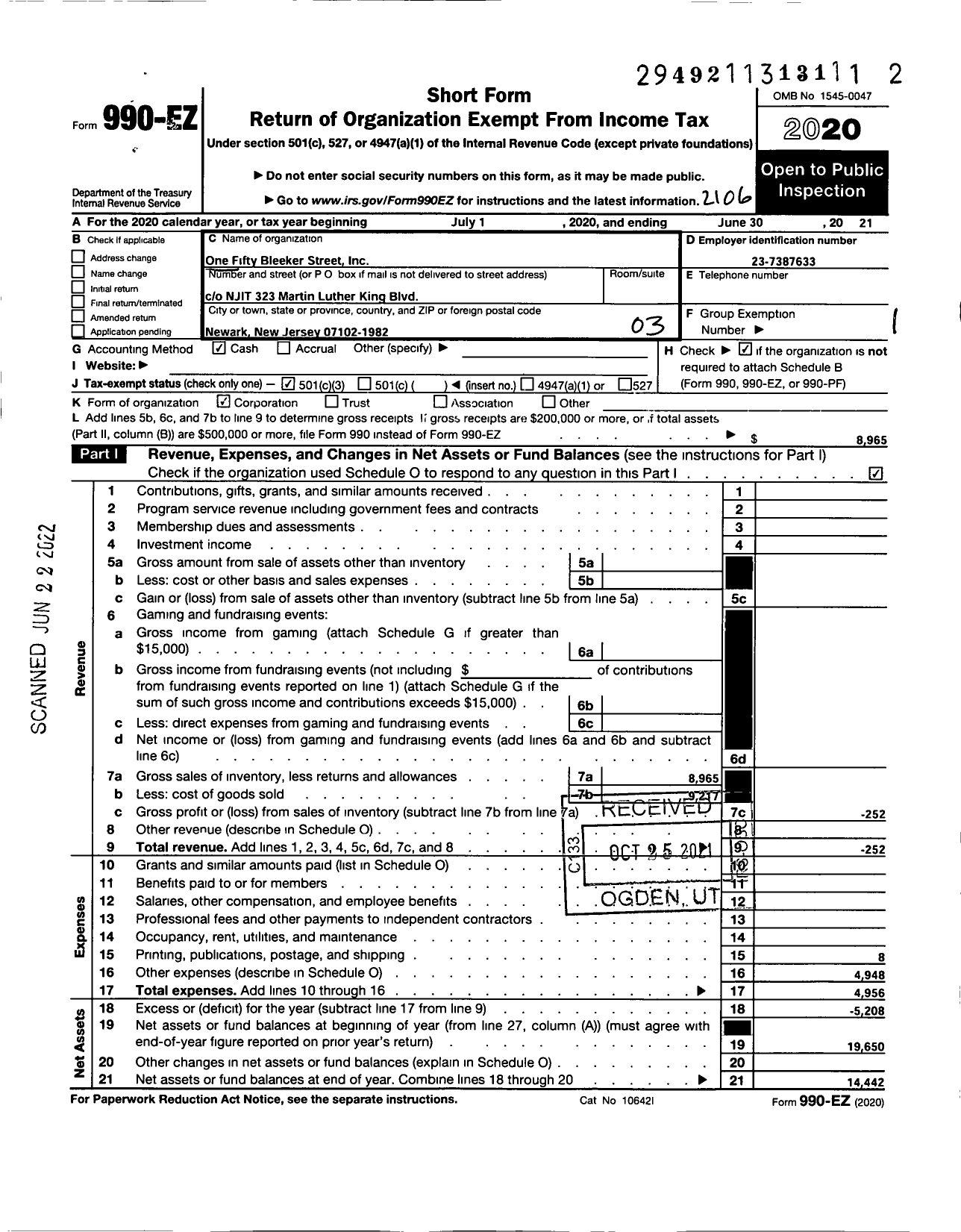 Image of first page of 2020 Form 990EZ for One Fifty Bleeker Street