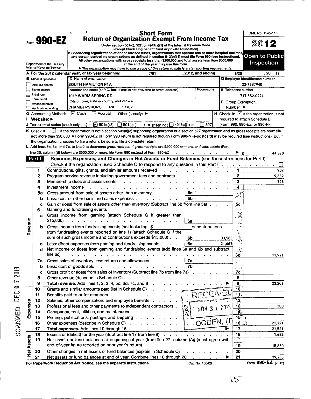 Image of first page of 2012 Form 990EZ for PTA Pennsylvania Congress / South Hamilton PTA