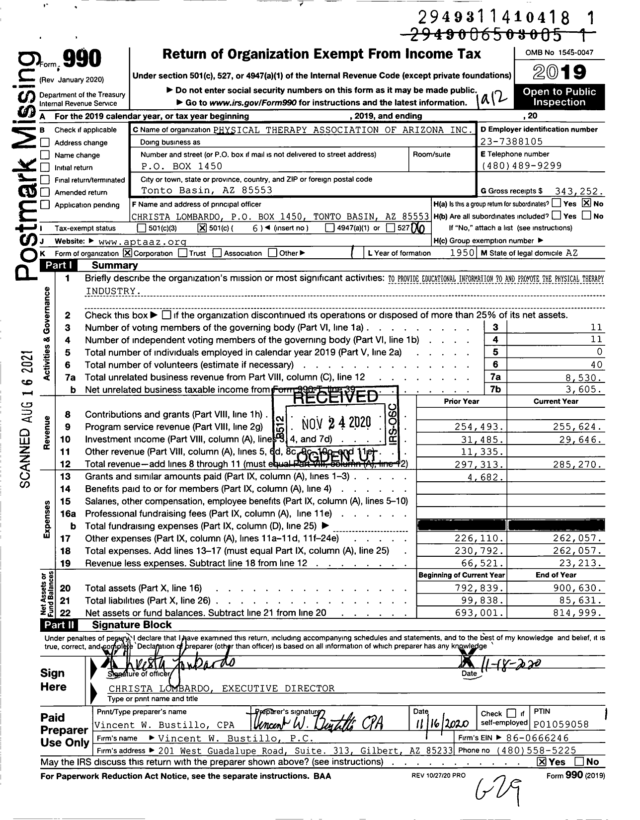 Image of first page of 2019 Form 990O for APTA Arizona