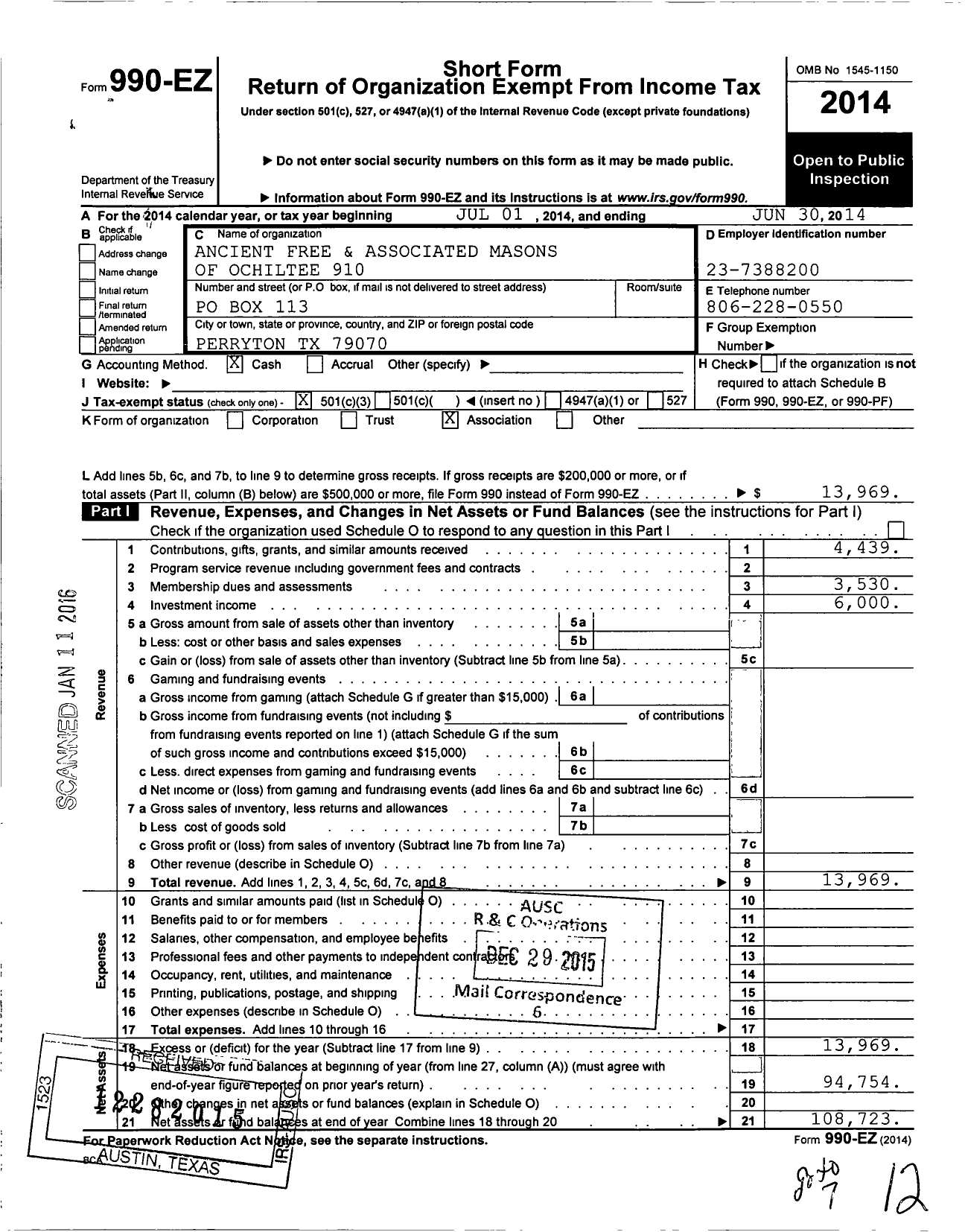 Image of first page of 2013 Form 990EZ for Freemasons in Texas - 910 Ochiltree