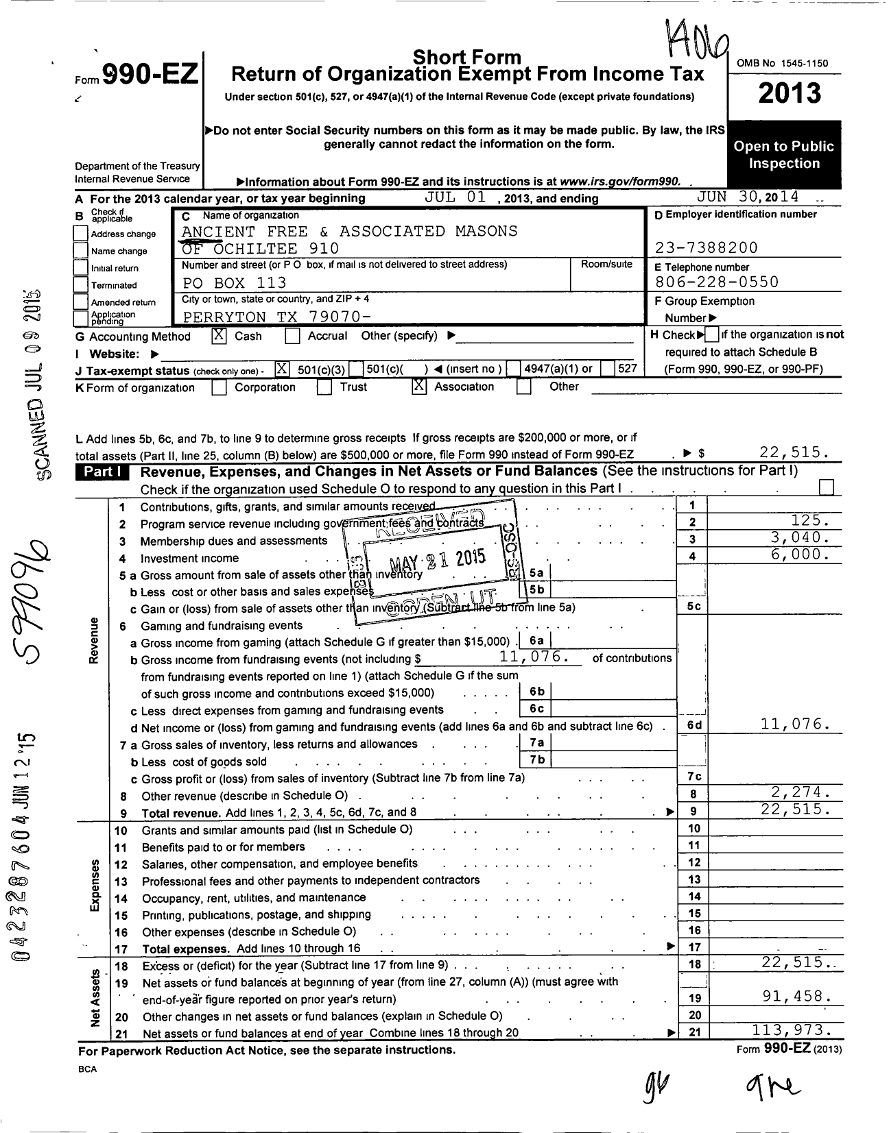 Image of first page of 2013 Form 990EZ for Freemasons in Texas - 910 Ochiltree