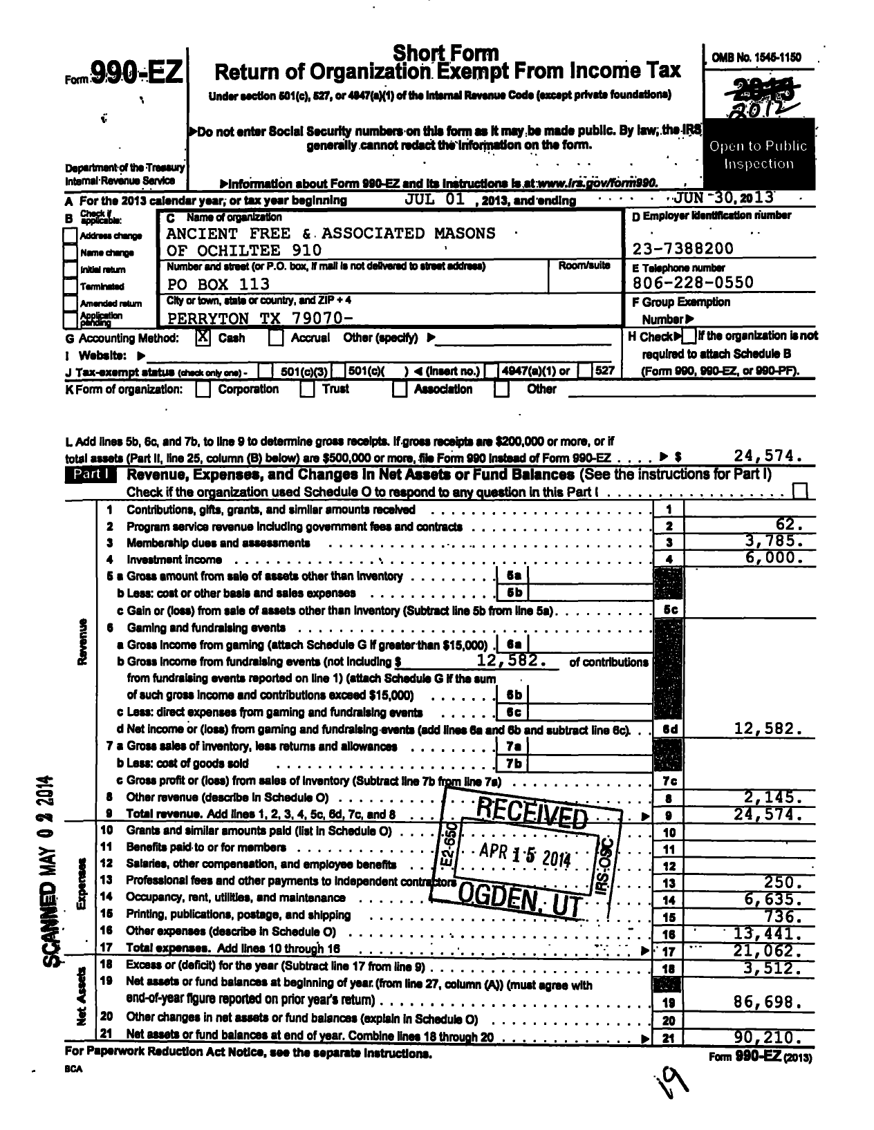 Image of first page of 2012 Form 990EO for Freemasons in Texas - 910 Ochiltree