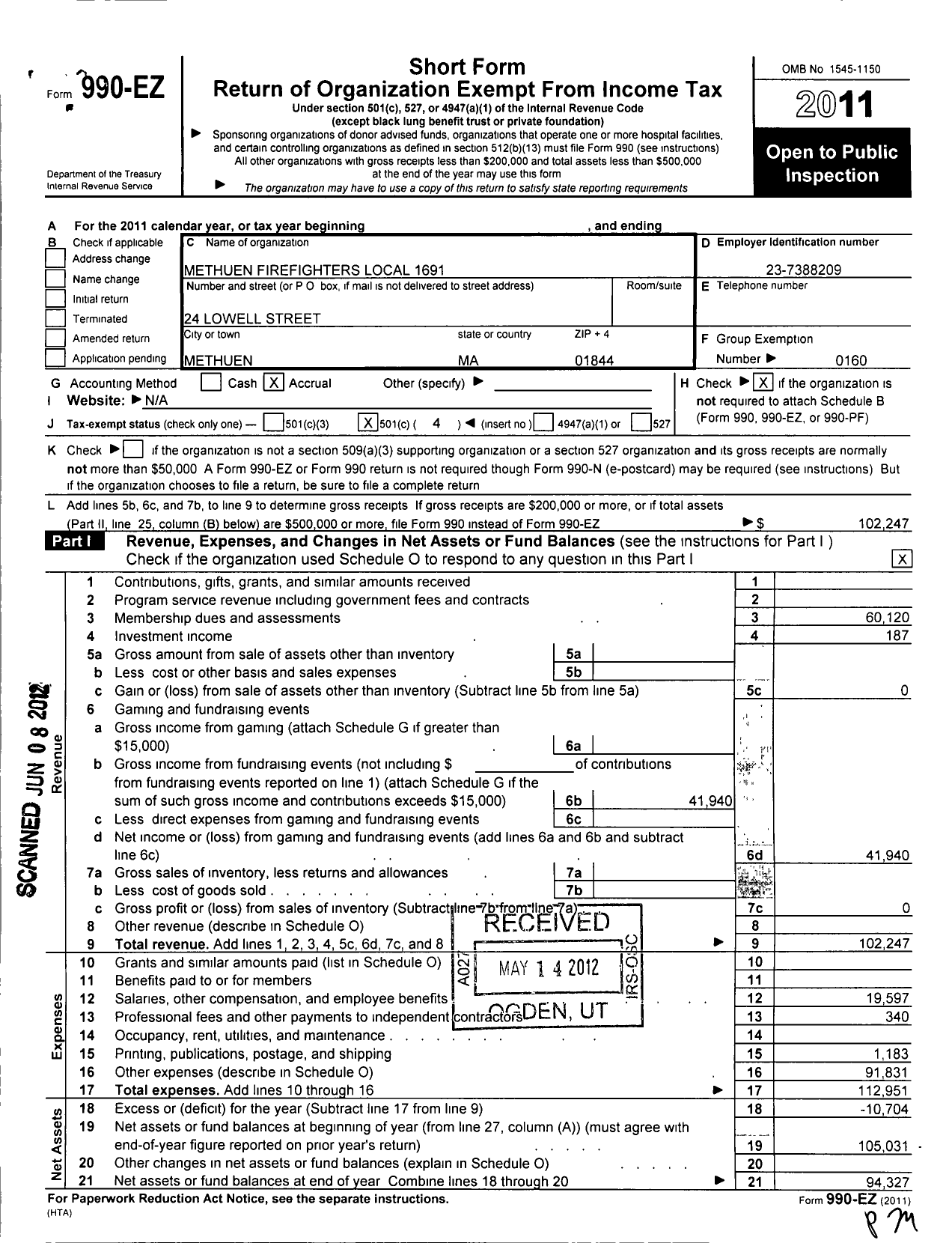 Image of first page of 2011 Form 990EO for International Association of Fire Fighters - L1691 Methuen