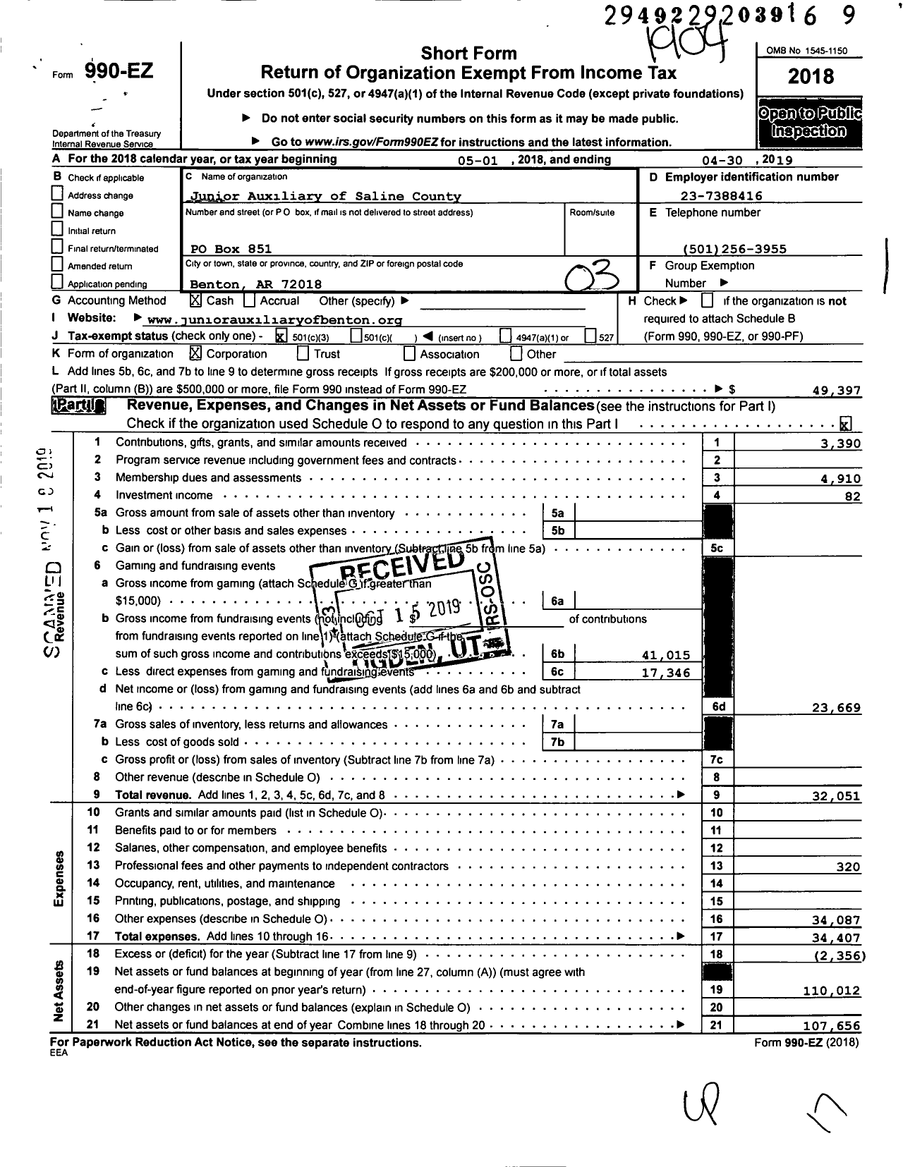 Image of first page of 2018 Form 990EZ for Junior Auxiliary of Saline County