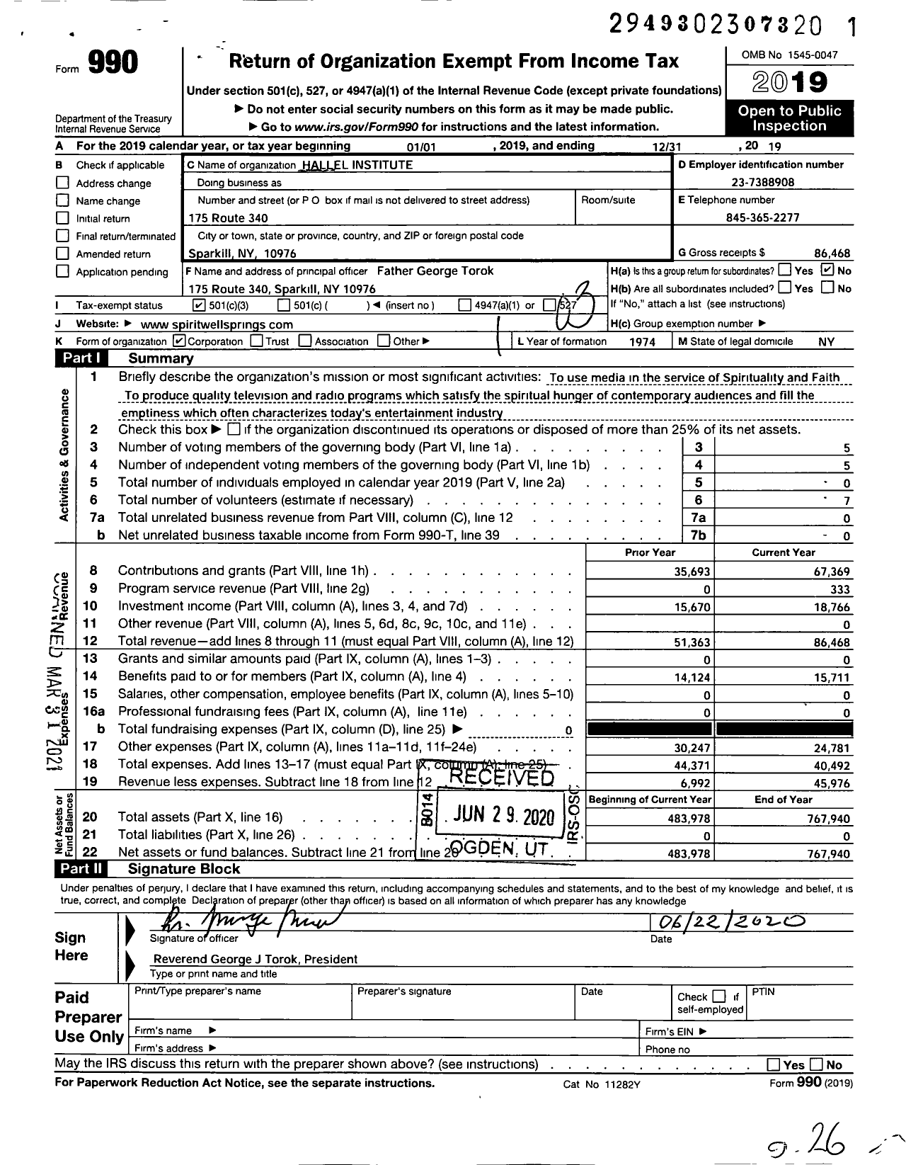 Image of first page of 2019 Form 990 for Hallel Institute