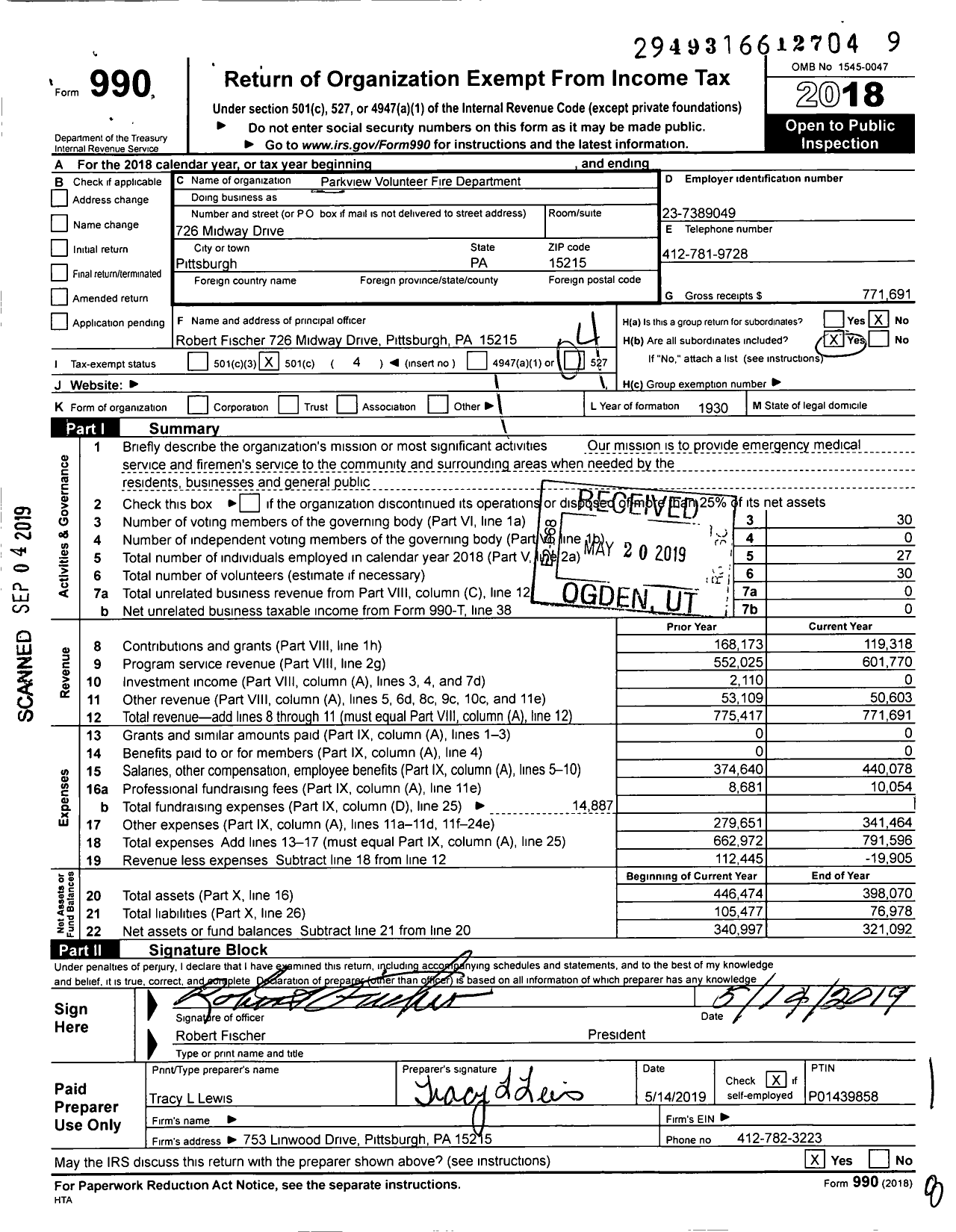 Image of first page of 2018 Form 990O for Parkview Volunteer Fire Department