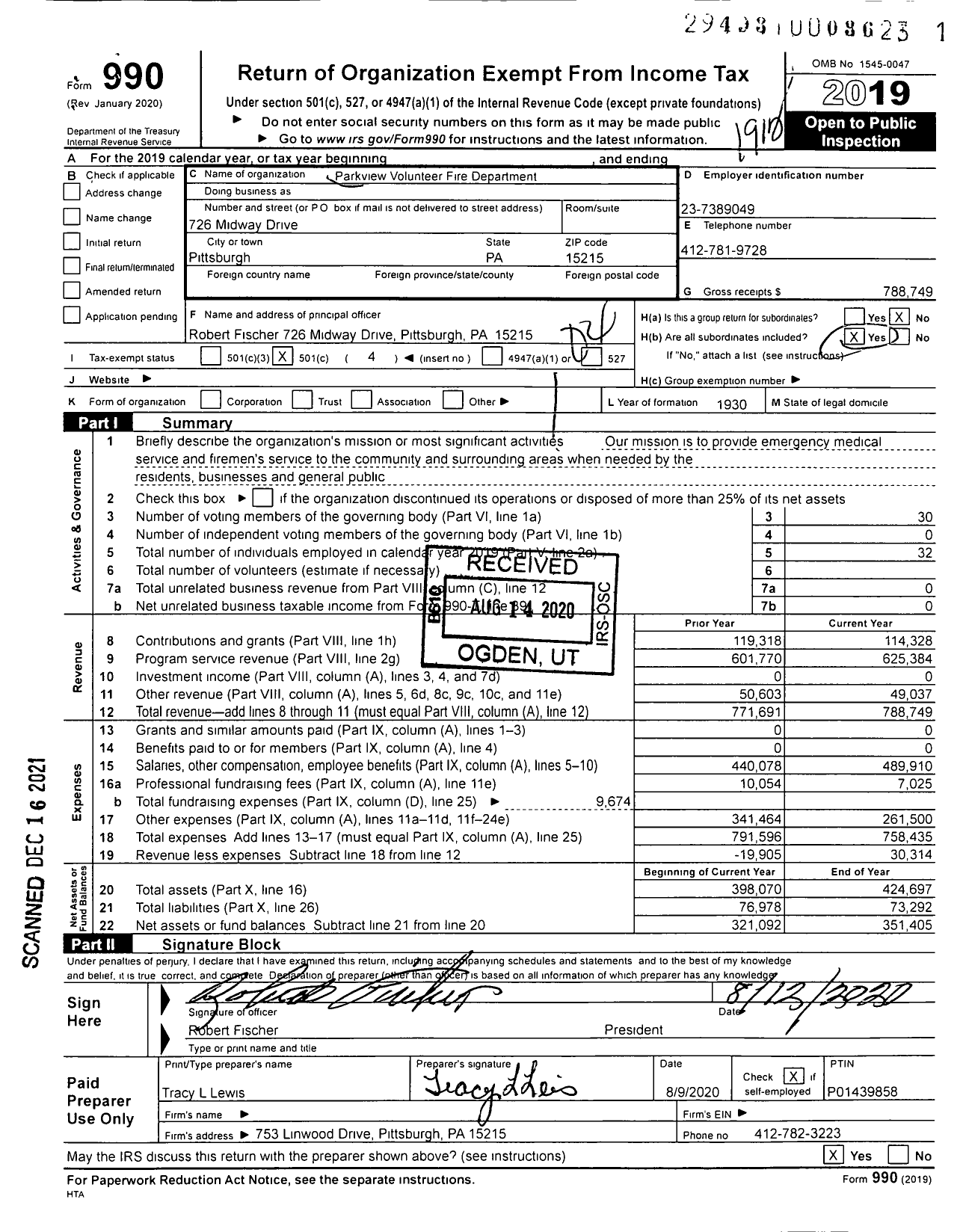 Image of first page of 2019 Form 990O for Parkview Volunteer Fire Department