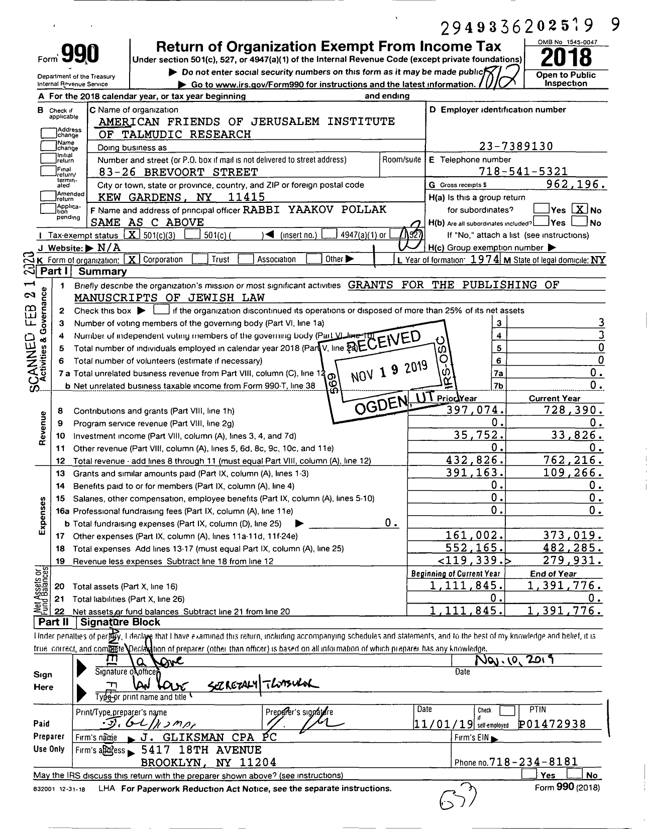 Image of first page of 2018 Form 990 for American Friends of Jerusalem Institute of Talmudic Research