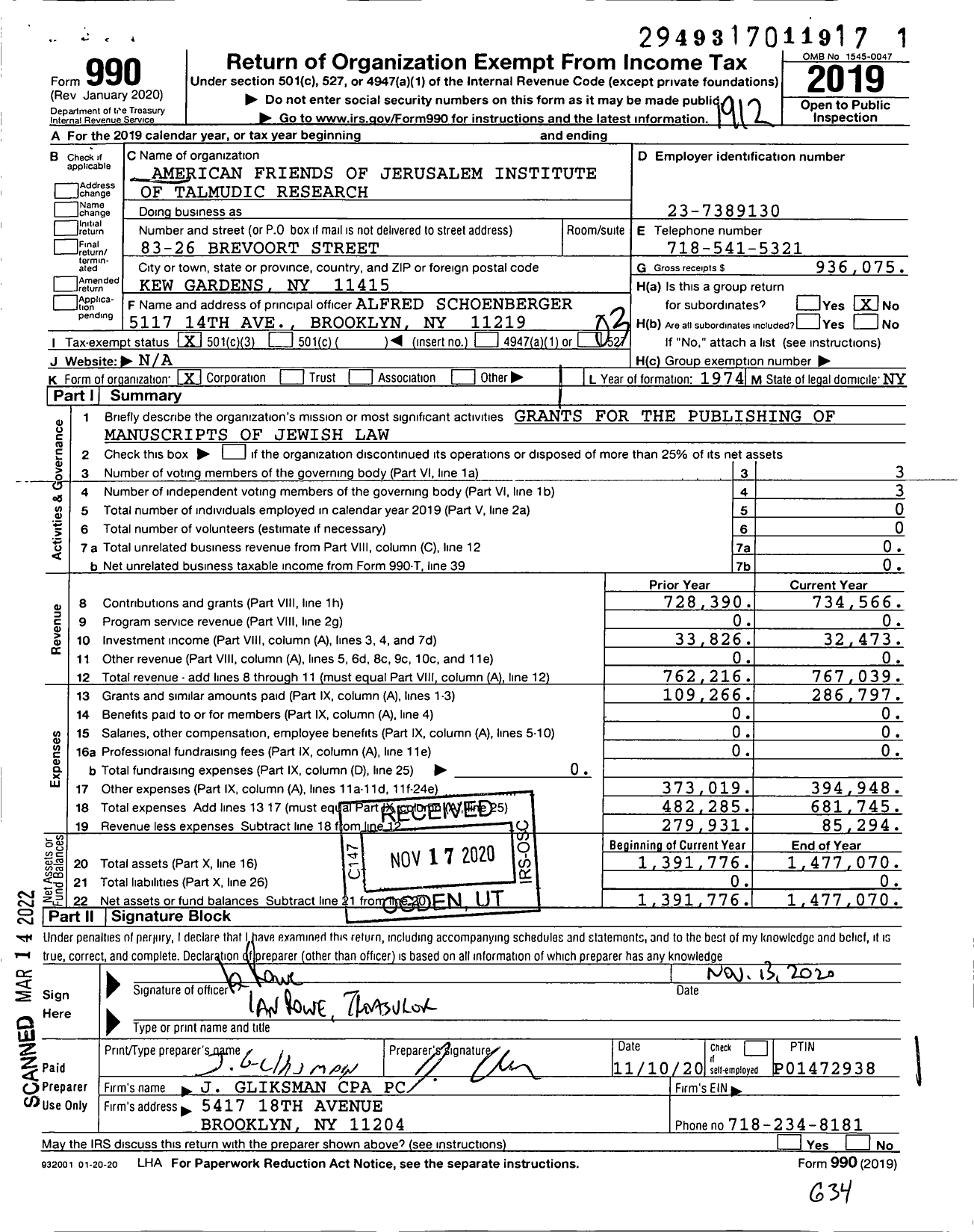 Image of first page of 2019 Form 990 for American Friends of Jerusalem Institute of Talmudic Research