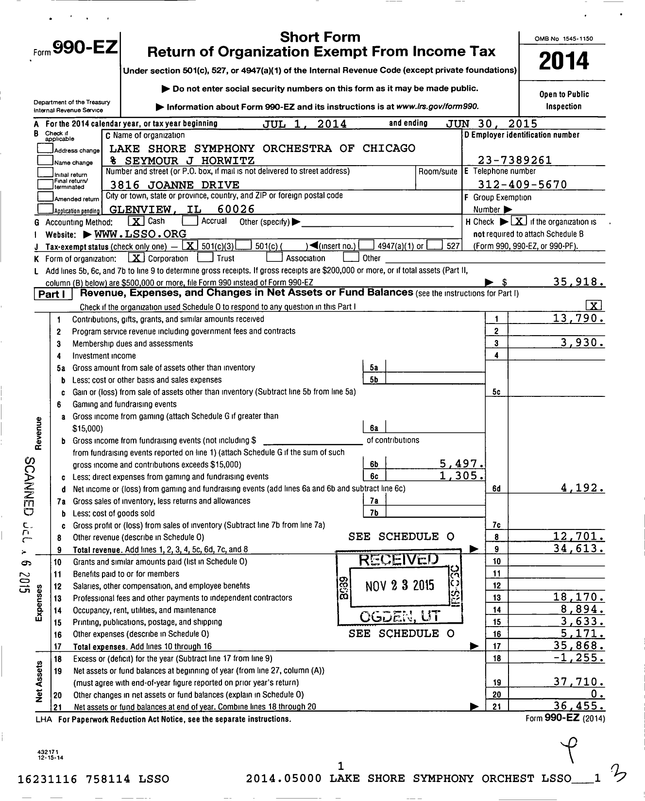 Image of first page of 2014 Form 990EZ for Lake Shore Symphony Orchestra of Chicago