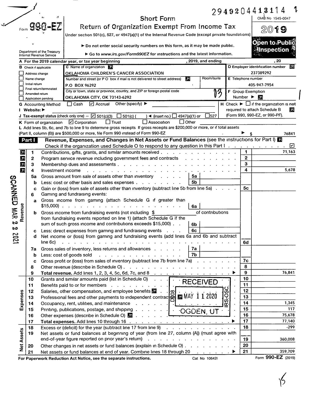 Image of first page of 2019 Form 990EZ for Oklahoma Childrens Cancer Association