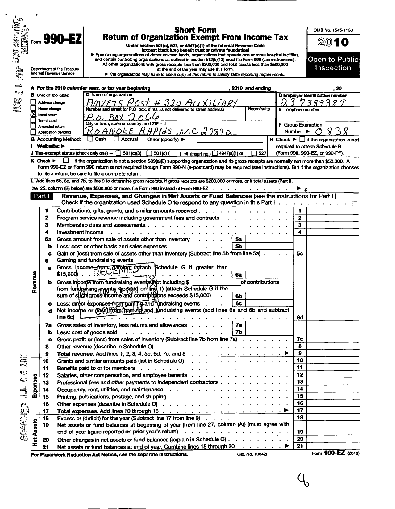 Image of first page of 2010 Form 990EO for Amvets - 320 NC Ladies Auxiliary